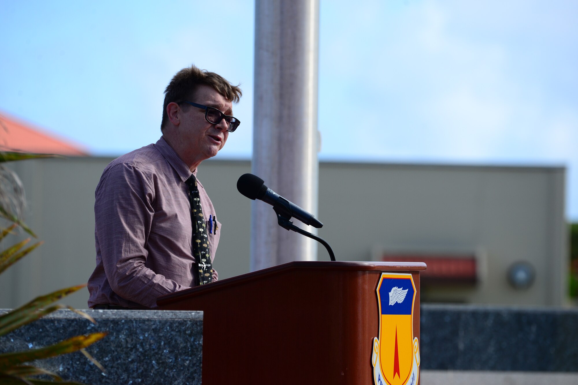Jeffrey Meyer, 36th Wing historian, speaks at the Operation Linebacker II Remembrance Ceremony Dec. 16, 2016, at Andersen Air Force Base, Guam. During the operation in Dec. 18-29, 1972, more than 700 sorties were flown to North Vietnam out of Andersen AFB and U-Tapao Royal Thai Air Base, Thailand, in hopes to bring North Vietnam back to negotiations. (U.S. Air Force photo/Airman 1st Class Jacob Skovo)