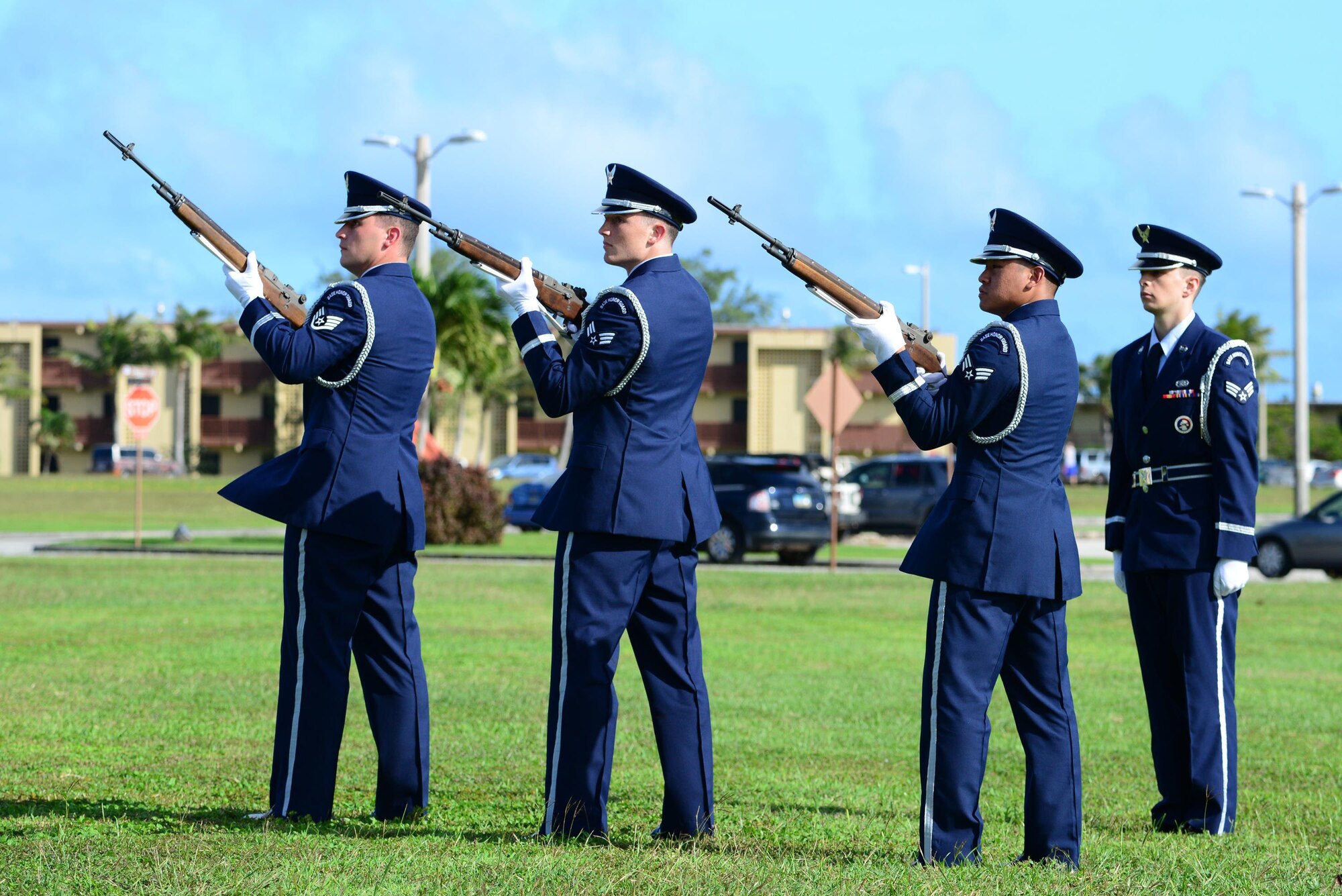 A firing party, from Andersen Air Force Base’s Honor Guard, releases a three-round volley during the Operation Linebacker II Remembrance Ceremony Dec. 16, 2016, at Andersen Air Force Base, Guam. A formation of 33 Airmen stood at the ceremony to represent the 33 who lost their lives flying in B-52 Stratofortress bombers during Operation Linebacker II. (U.S. Air Force photo/Airman 1st Class Jacob Skovo)
