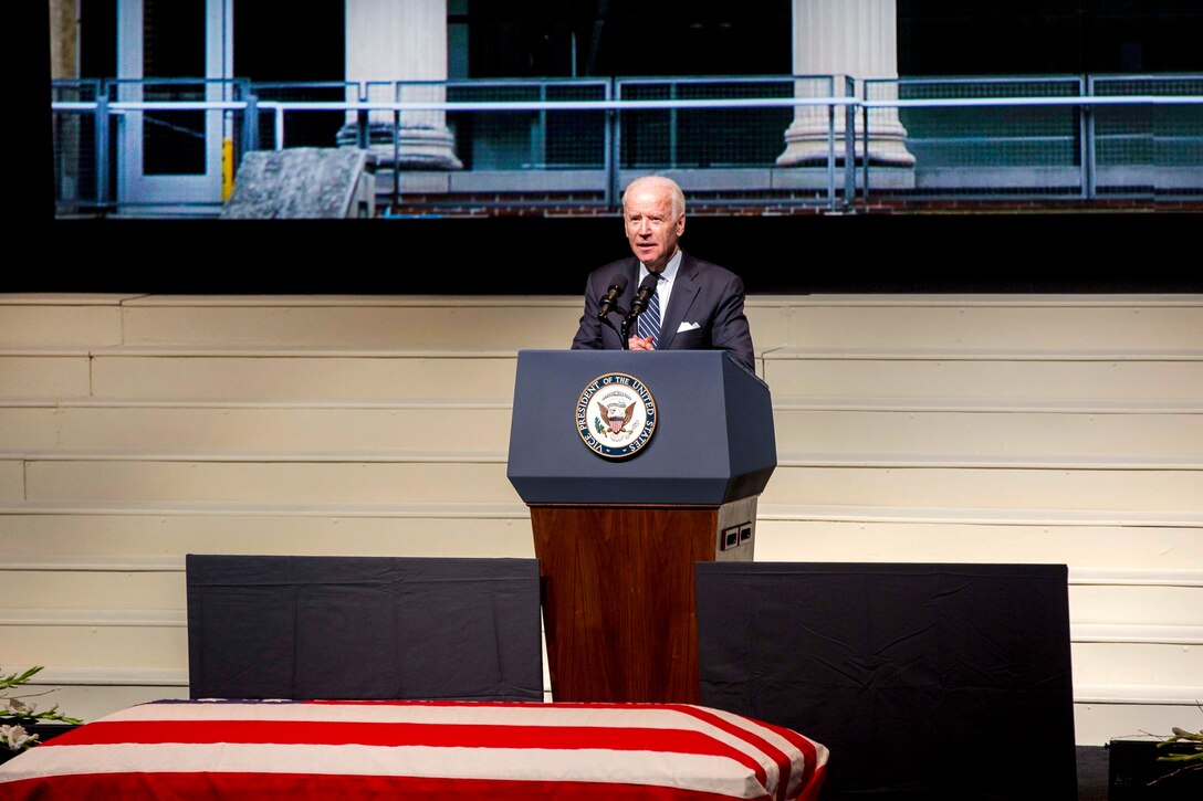 Vice President Joe Biden delivers remarks during a celebration of the life of John Glenn at the Ohio State University in Columbus, Dec. 17, 2016. Marine Corps photo by Lance Cpl. Daisha R. Sosa