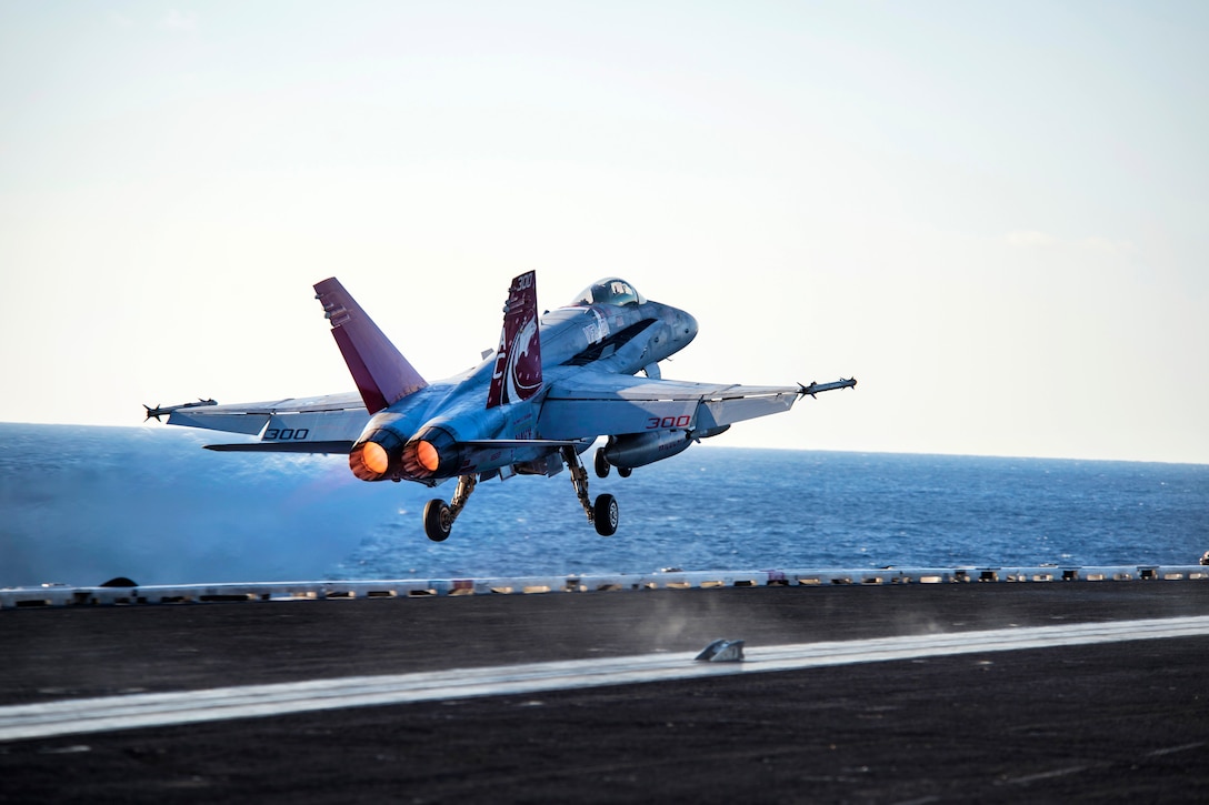 An F/A-18C Hornet launches from the flight deck of the aircraft carrier USS Dwight D. Eisenhower in the Mediterranean Sea, Dec. 10, 2016. The Hornet is assigned to Strike Fighter Squadron 131. Navy photo by Petty Officer 3rd Class Nathan T. Beard