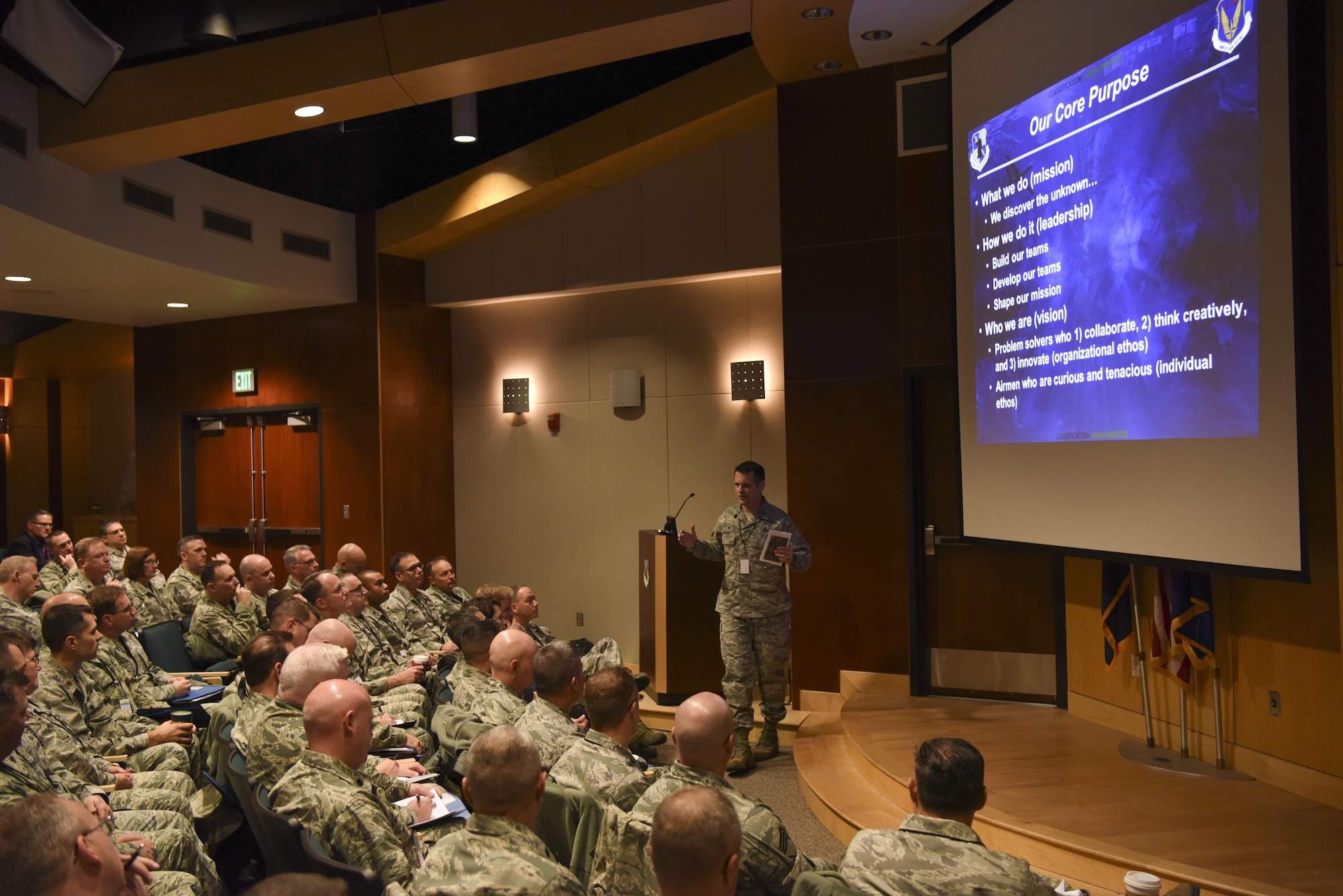 U.S. Air Force Col. Jason Brown, 480th Intelligence, Surveillance and Reconnaissance Wing commander, during Global Sync conference at the 169th Intelligence Squadron in Salt Lake City, Utah Dec. 5-9, 2016. Global Sync is a 4 day-long conference that allows all 480th ISR Wing and Group leaders to share practices, improve processes and overall communication. (U.S. Air Force Tech. Sgt. Darnell T. Cannady)