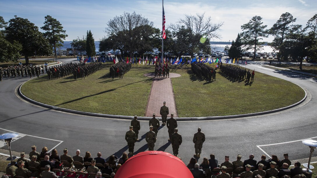 U.S. Marines, Sailors and civilians participate in the II Marine Expeditionary Force relief and appointment ceremony at Marine Corps Base Camp Lejeune, N.C., Dec. 15, 2016. Sgt. Maj. Bryan K. Zickefoose relinquished his post as II MEF sergeant major to Sgt. Maj. Richard D. Thresher. 