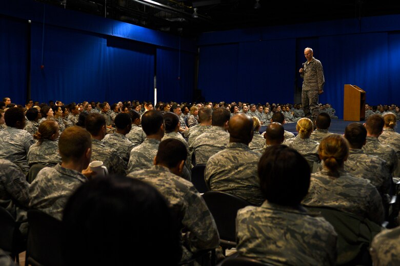U.S. Air Force Lt. Gen. (Dr.) Mark Ediger, U.S. Air Force Medical Service Corps surgeon general, speaks with members of the 633rd Medical Group during an all call at Joint Base Langley-Eustis, Va., Dec. 15, 2016. Ediger spoke to the group about the importance of trusted care in the medical field. (U.S. Air Force photo by Airman 1st Class Kaylee Dubois.)