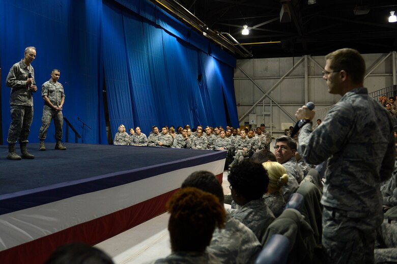 U.S. Air Force Lt. Gen. (Dr.) Mark Ediger, U.S. Air Force Medical Service Corps surgeon general, and Chief Master Sgt. Jason Pace, U.S. Air Force Medical Service Corps chief medical enlisted force surgeon general, answer questions from members of the 633rd Medical Group during an all call at Joint Base Langley-Eustis, Va., Dec. 15, 2016. Ediger and Pace visited to interact directly with the Airmen to learn of their innovative practices and challenges. (U.S. Air Force photo by Airman 1st Class Kaylee Dubois.)