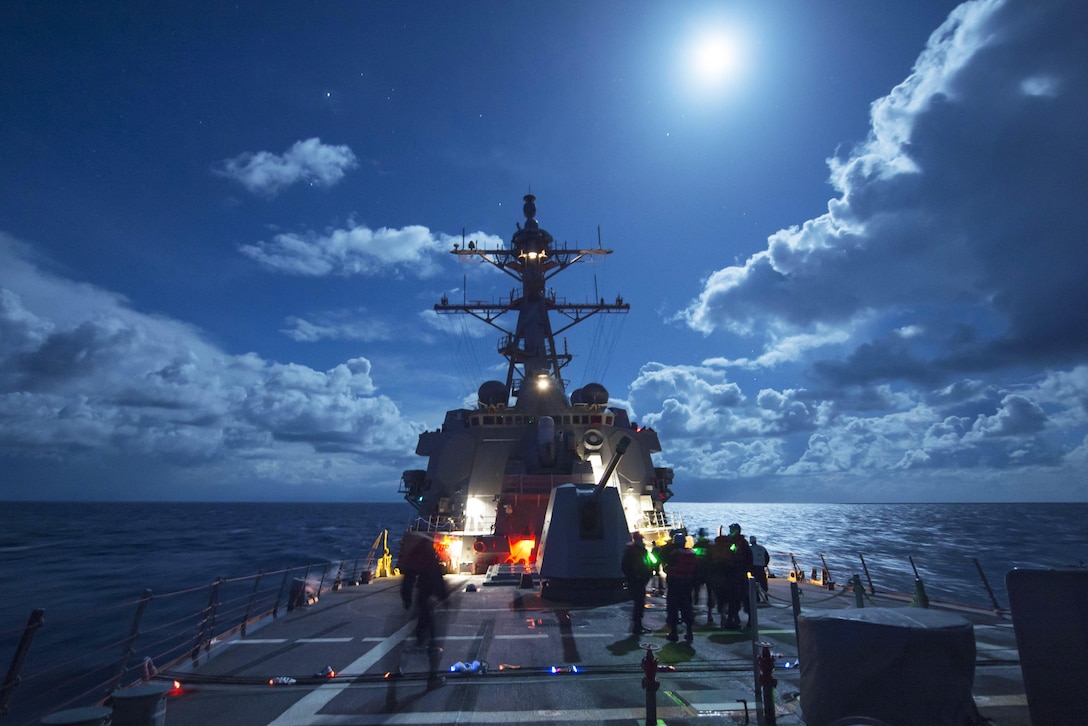 Sailors aboard the guided-missile destroyer USS Roosevelt prepare for a replenishment in the Mediterranean Sea, Dec. 12, 2016. The guided-missile destroyer is conducting naval operations in the U.S. 6th Fleet area of operations to support U.S. national security interests in Europe. Navy photo by Petty Officer 3rd Class Taylor A. Elberg
