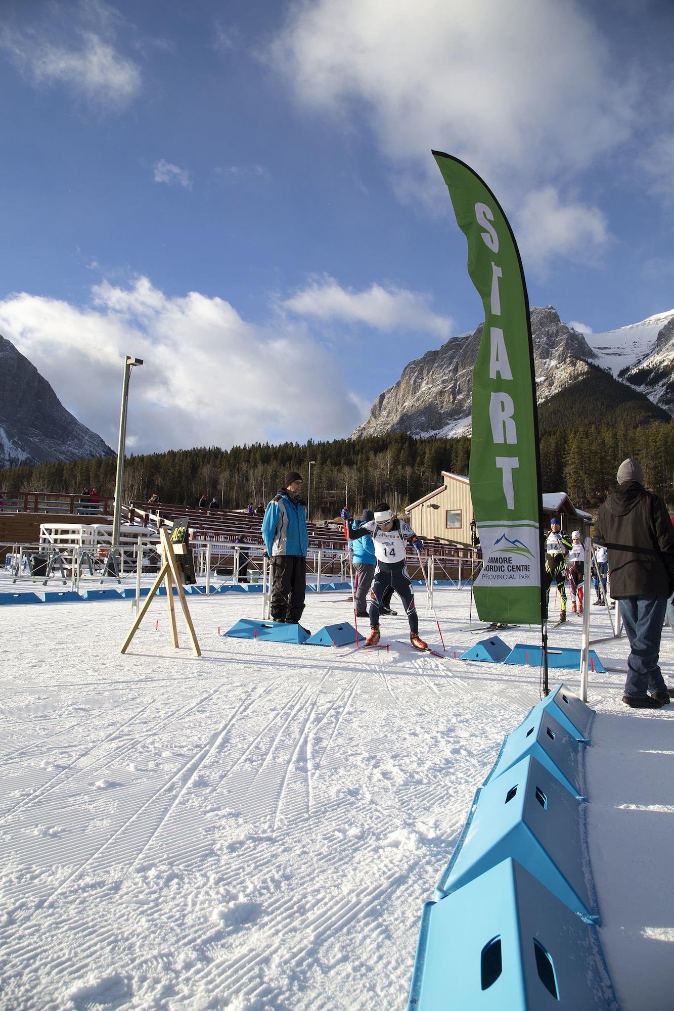 Alaska Guardsman Spc. Tahdg Nakada, a signal support specialist with Headquarters and Headquarters Company, 1st Battalion, 207th Aviation Regiment, takes off through the starting line at the North American #1 and Calforex #1 Biathlon Cups at the Canmore Nordic Centre Provincial Park in Canmore, Alberta, Dec. 3, 2016. Nakada, 22, of Anchorage, placed 15th overall in both the men’s 10 km sprint and 15 km mass start during the two-day competition.