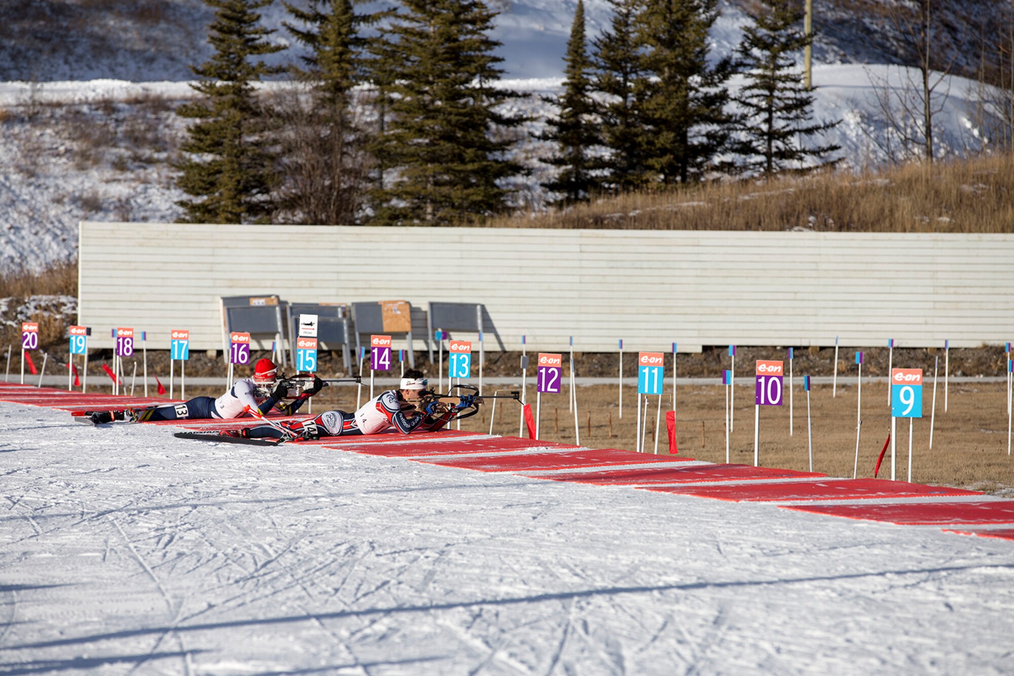 Alaska Guardsman Spc. Tahdg Nakada, a signal support specialist with Headquarters and Headquarters Company, 1st Battalion, 207th Aviation Regiment, competes in the North American #1 and Calforex #1 Biathlon Cups at the Canmore Nordic Centre Provincial Park in Canmore, Alberta, Dec. 3, 2016. Nakada, 22, of Anchorage, placed 15th overall in both the men’s 10 km sprint and 15 km mass start during the two-day competition.