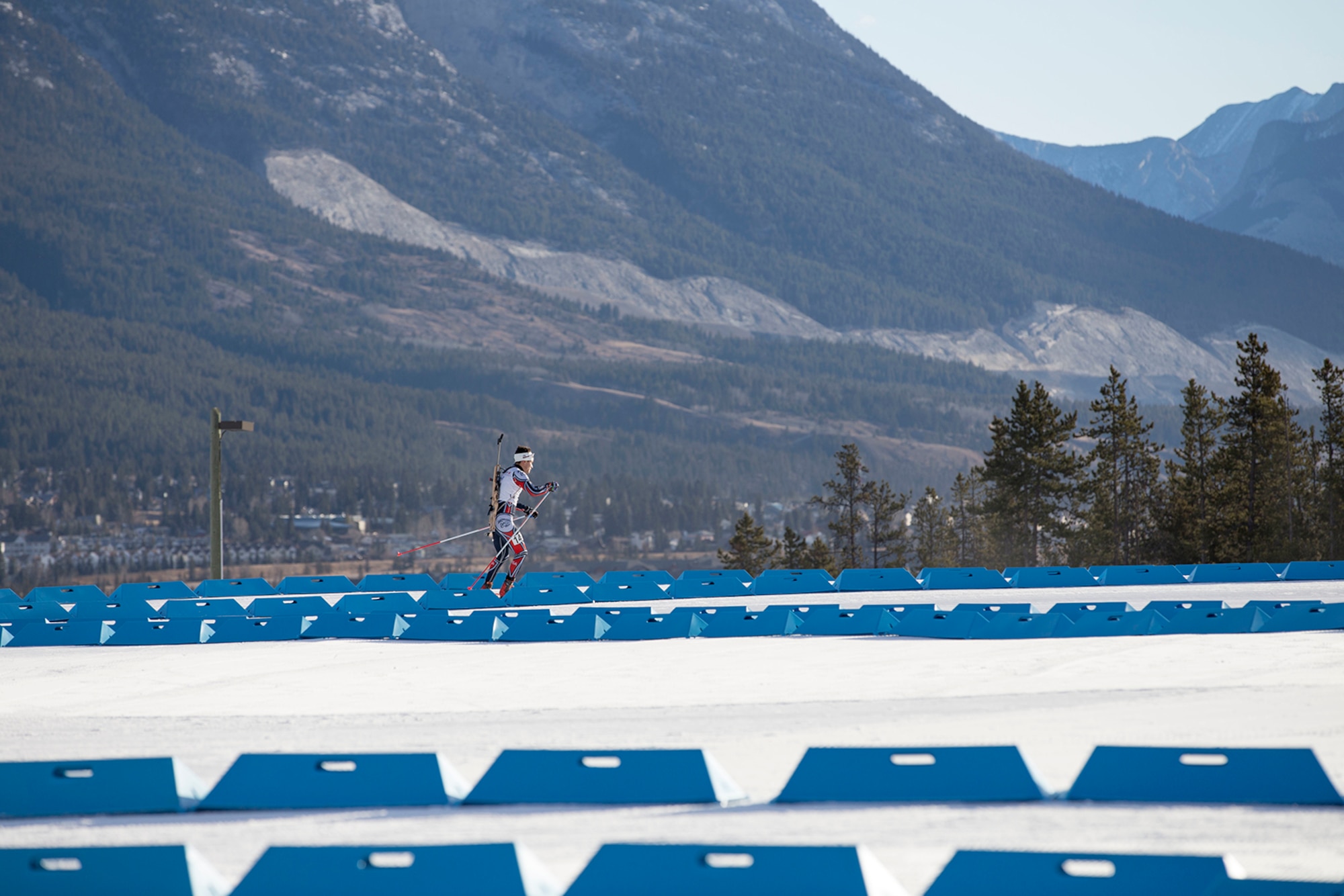 Alaska Guardsman Spc. Tahdg Nakada, a signal support specialist with Headquarters and Headquarters Company, 1st Battalion, 207th Aviation Regiment, competes in the North American #1 and Calforex #1 Biathlon Cups at the Canmore Nordic Centre Provincial Park in Canmore, Alberta, Dec. 3, 2016. Nakada, 22, of Anchorage, placed 15th overall in both the men’s 10 km sprint and 15 km mass start during the two-day competition.
