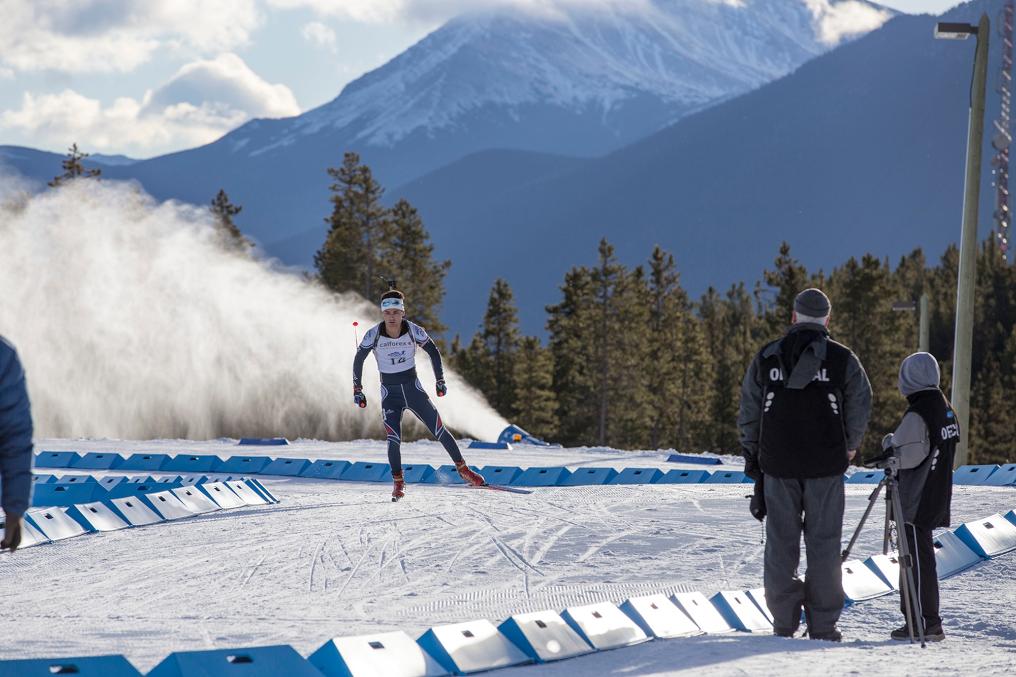 Alaska Guardsman Spc. Tahdg Nakada, a signal support specialist with Headquarters and Headquarters Company, 1st Battalion, 207th Aviation Regiment, competes in the North American #1 and Calforex #1 Biathlon Cups at the Canmore Nordic Centre Provincial Park in Canmore, Alberta, Dec. 3, 2016. Nakada, 22, of Anchorage, placed 15th overall in both the men’s 10 km sprint and 15 km mass start during the two-day competition.