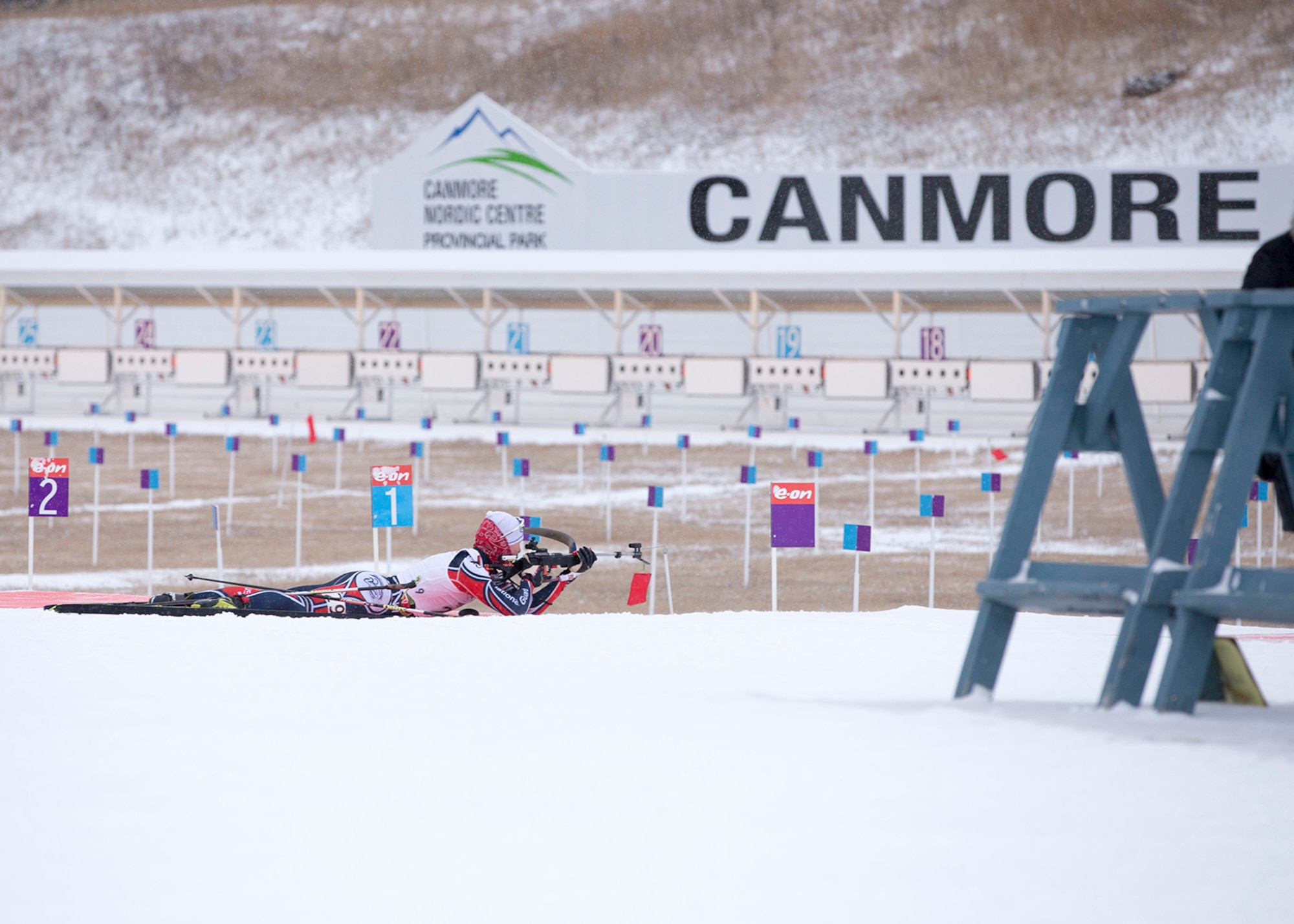 Alaska Army Guardsman Pfc. Travis Cooper, a construction equipment mechanic with the 207th Engineer Utility Detachment, competes in the junior men’s 12.5 km mass start in the North American #1 and Calforex #1 Biathlon Cups at the Canmore Nordic Centre Provincial Park in Canmore, Alberta, Dec. 4, 2016. Cooper, 20, of Kenai, also took first place in the junior men’s 10 km sprint the day before. Cooper trains year-round and competes on the National Guard Biathlon development team. (U.S. Army National Guard photo by Staff Sgt. Balinda O’Neal Dresel)