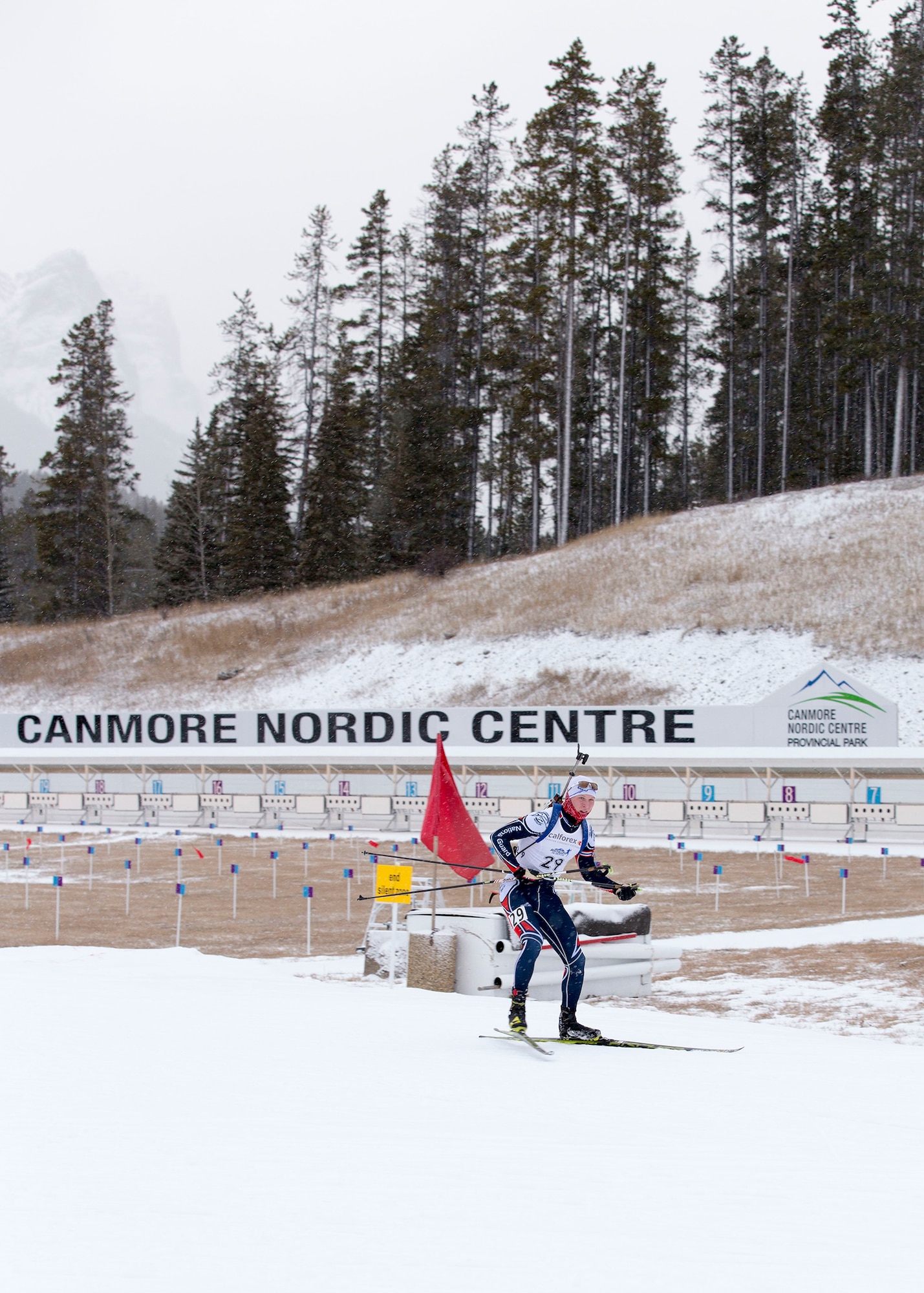 Alaska Army Guardsman Pfc. Travis Cooper, a construction equipment mechanic with the 207th Engineer Utility Detachment, competes in the junior men’s 12.5 km mass start in the North American #1 and Calforex #1 Biathlon Cups at the Canmore Nordic Centre Provincial Park in Canmore, Alberta, Dec. 4, 2016. Cooper, 20, of Kenai, also took first place in the junior men’s 10 km sprint the day before. Cooper trains year-round and competes on the National Guard Biathlon development team. (U.S. Army National Guard photo by Staff Sgt. Balinda O’Neal Dresel)