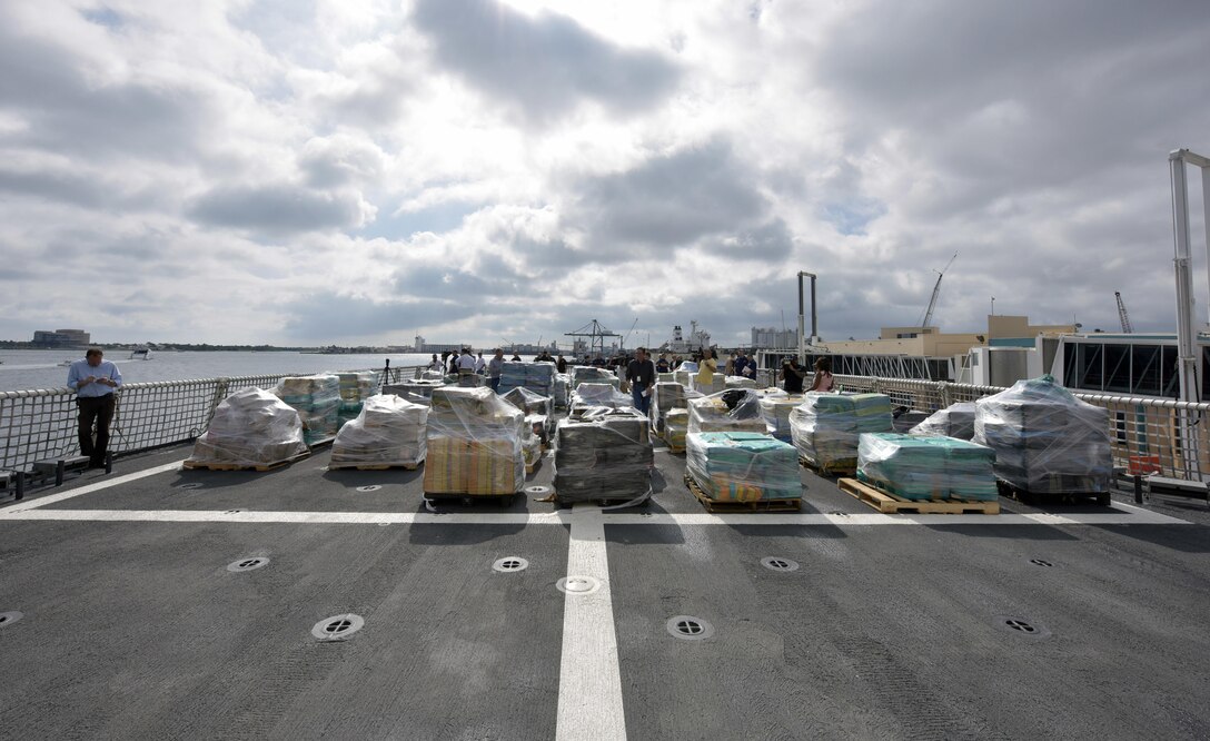 A view of approximately 26.5 tons of cocaine aboard Coast Guard Cutter Hamilton Dec. 15, 2016 at Port Everglades Cruiseport in Fort Lauderdale, Florida. The Coast Guard Cutter Hamilton crew offloaded the cocaine Dec. 15, 2016 in Port Everglades worth an estimated $715 million wholesale seized in international waters off the Eastern Pacific Ocean since Oct. 1, 2016. Coast Guard photo by Eric D. Woodall