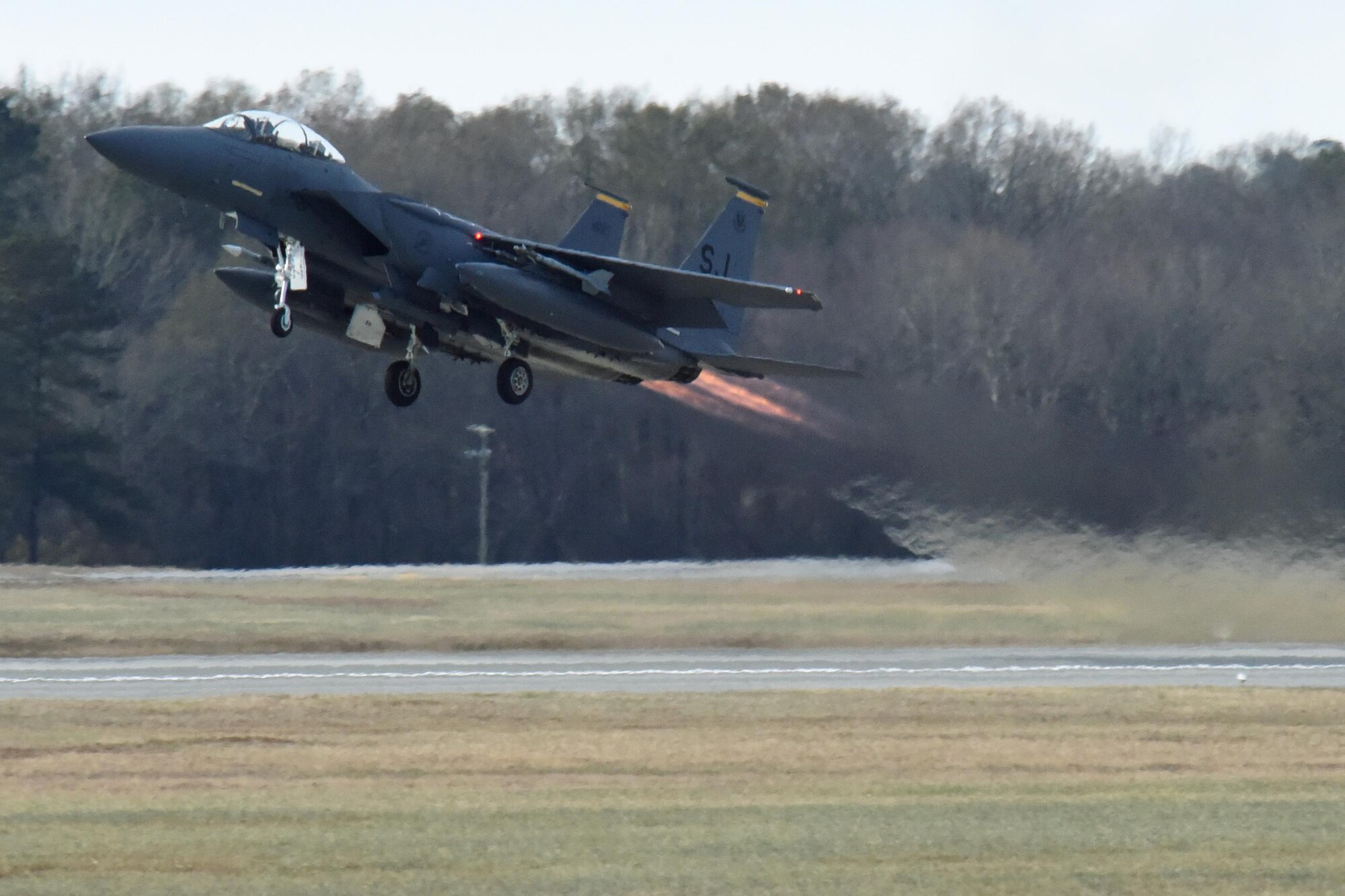 An F-15E Strike Eagle takes off to participate in Razor Talon, Dec. 16, 2016, at Seymour Johnson Air Force Base, North Carolina. The monthly exercise allows service members unique opportunities for a large-force training exercise for joint East Coast tactical and support aviation units. (U.S. Air Force photo by Airman Miranda A. Loera)