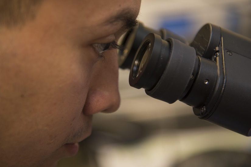 U.S. Army Specialist Victor Valadez, Public Health Command District animal care specialist, looks into a microscope at the Veterinary Treatment Facility on Joint Base Andrews, Md., Dec. 13, 2016. Valadez checks in animals for their appointments, takes vitals, runs lab tests, restrains animals and assists the veterinarian. (U.S. Air Force photo by Airman 1st Class Valentina Lopez)