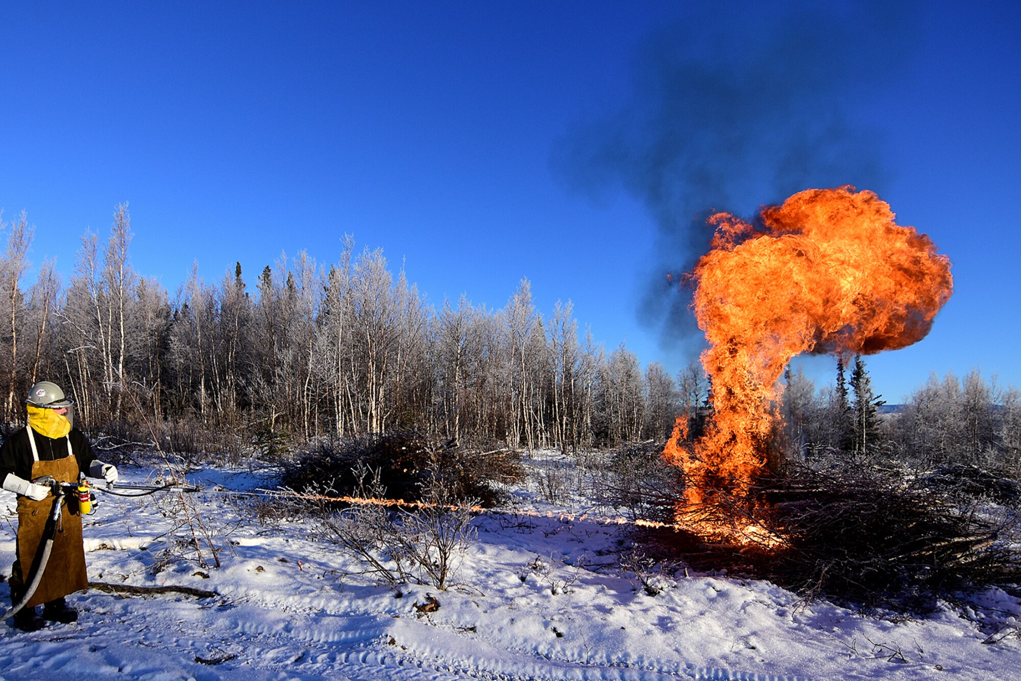 Bureau of Land Management Bureau of Land Management Alaska Fire Service specialist Matt Kilgriff shoots a stream of flaming gel from the Terra Torch to burn piles of brush and trees as part of a prescribed burn project in U.S. Army Alaska’s Donnelly Training Area near Fort Greely Nov. 4, 2016. The piles were created by U.S. Army Alaska hand crews working to remove dead and decaying vegetation and black spruce in an effort to reduce the chances of a wildfire on military lands. AFS provides wildland fire management for 1.6 million acres of military withdrawn public land under an interagency service agreement with U.S. Army Alaska. (Army photo/John Pennell)