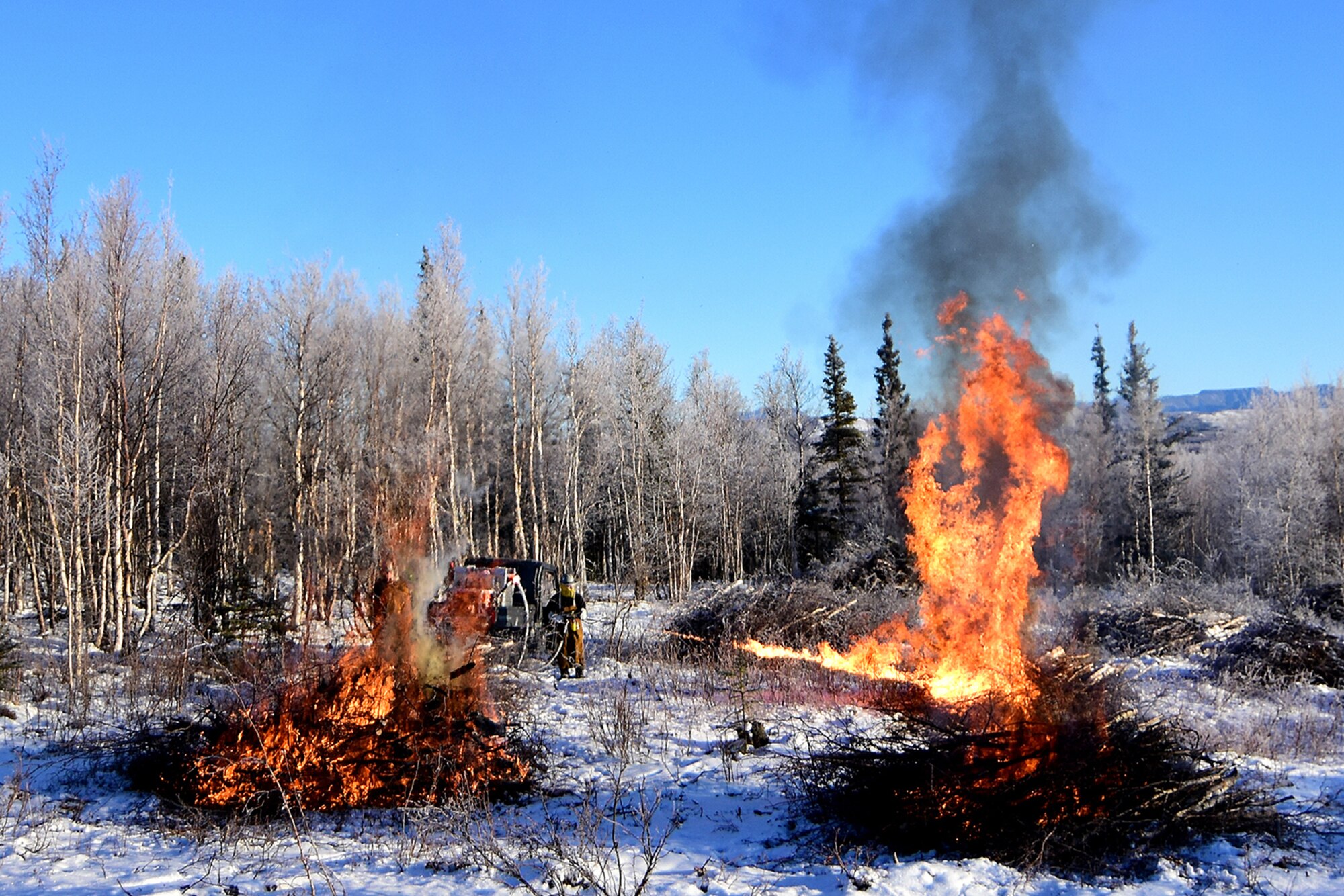 Bureau of Land Management Bureau of Land Management Alaska Fire Service specialist Matt Kilgriff shoots a stream of flaming gel from the Terra Torch to burn piles of brush and trees as part of a prescribed burn project in U.S. Army Alaska’s Donnelly Training Area near Fort Greely Nov. 4, 2016. The piles were created by U.S. Army Alaska hand crews working to remove dead and decaying vegetation and black spruce in an effort to reduce the chances of a wildfire on military lands. AFS provides wildland fire management for 1.6 million acres of military withdrawn public land under an interagency service agreement with U.S. Army Alaska. (Army photo/John Pennell)