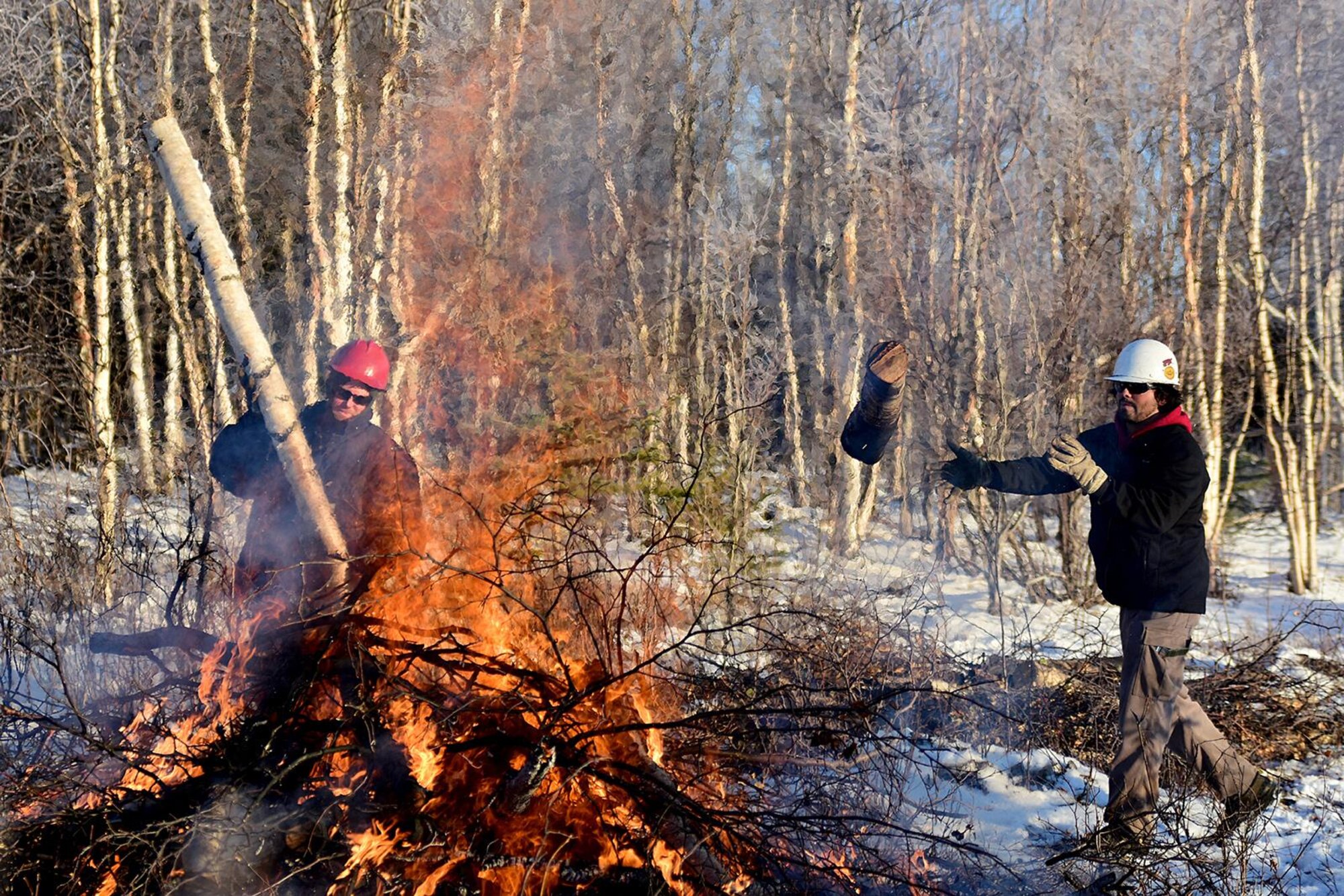 Bureau of Land Management Bureau of Land Management Alaska Fire Service specialists Jake Livingston (red helmet) and Brian Pitts toss logs and debris onto burning piles of brush as part of a prescribed burn project in U.S. Army Alaska’s Donnelly Training Area near Fort Greely Nov. 4, 2016. The piles were created by U.S. Army Alaska hand crews working to remove dead and decaying vegetation and black spruce in an effort to reduce the chances of a wildfire on military lands.  AFS provides wildland fire management for 1.6 million acres of military withdrawn public land under an interagency service agreement with U.S. Army Alaska. (Army photo/John Pennell)