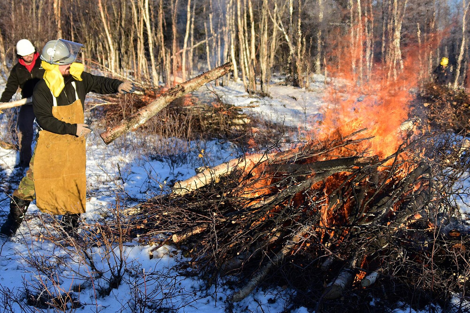 Bureau of Land Management Bureau of Land Management Alaska Fire Service specialists Brian Pitts (white helmet) and Matt Kilgriff toss logs and debris onto burning piles of brush as part of a prescribed burn project in U.S. Army Alaska’s Donnelly Training Area near Fort Greely Nov. 4, 2016. The piles were created by U.S. Army Alaska hand crews working to remove dead and decaying vegetation and black spruce in an effort to reduce the chances of a wildfire on military lands. AFS provides wildland fire management for 1.6 million acres of military withdrawn public land under an interagency service agreement with U.S. Army Alaska. (Army photo/John Pennell)