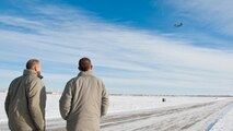 (From left) Maj. Gen. Thomas Bussiere, 8th Air Force commander, and Lt. Col. Drew Smith, 5th Operations Group deputy commander, watch a B-52 Stratofortress launch at Minot Air Force Base, N.D., Dec. 14, 2016. Bussiere toured Minot’s facilities and spoke with 5th Bomb Wing Airmen. (U.S. Air Force photo/Airman 1st Class J.T. Armstrong) 