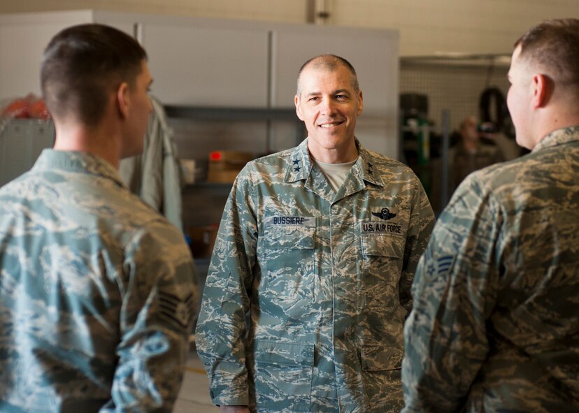 Maj. Gen. Thomas Bussiere, 8th Air Force commander, speaks with 5th Logistics Readiness Squadron Airmen in the Defender Dome at Minot Air Force Base, N.D., Dec. 14, 2016. Bussiere toured Minot’s facilities and spoke with 5th Bomb Wing Airmen. (U.S. Air Force photo/Airman 1st Class J.T. Armstrong) 