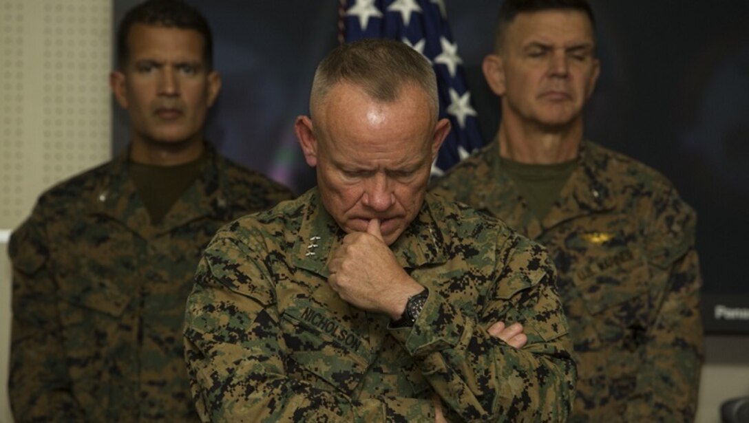 Lt. Gen. Lawrence D. Nicholson address Japanese reporters on Marine Corps Base Camp Foster, Okinawa, Japan, Dec. 14, 2016. An MV-22B Osprey landed in shallow waters off the Okinawa coastline of Camp Schwab on Dec. 13, 2016. All five crewmembers were airlifted via HH-60G to the United States Naval Hospital aboard Camp Foster where they are being treated for injuries. The MV-22B Osprey is with Marine Aircraft Group 36, 1st Marine Aircraft Wing, III Marine Expeditionary Force. The HH-60G is with the 33rd Rescue Squadron, 18th Operations Group.  Nicholson, from Toronto, Canada, is the Okinawa Area Coordinator and commanding general of III MEF. (U.S. Marine Corps photo by Cpl. Steven Tran/Released)