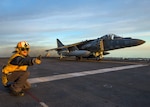 161205-N-TO519-023 
MEDITERRANEAN SEA (Dec. 5, 2016) An AV-8B Harrier, from the 22nd Marine Expeditionary Unit (MEU), takes off from the amphibious assault ship USS Wasp (LHD 1). The 22nd MEU, embarked on Wasp, is conducting precision air strikes in support of the Libyan Government aligned forces against Daesh targets in Sirte, Libya, as part of Operation Odyssey Lightning. (U.S. Navy photo by Petty Officer 2nd Class Nathan Wilkes/Released)