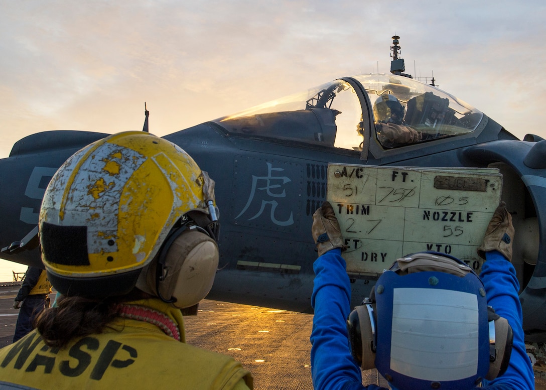 161205-N-TO519-010 MEDITERRANEAN SEA (Dec. 5, 2016) An AV-8B Harrier, from the 22nd Marine Expeditionary Unit (MEU), conducts pre-takeoff checks aboard the amphibious assault ship USS Wasp (LHD 1) Dec. 5, 2016. The 22nd MEU, embarked on Wasp, is conducting precision air strikes in support of the Libyan Government aligned forces against Daesh targets in Sirte, Libya, as part of Operation Odyssey Lightning. (U.S. Navy photo by Petty Officer 2nd Class Nathan Wilkes/Released)