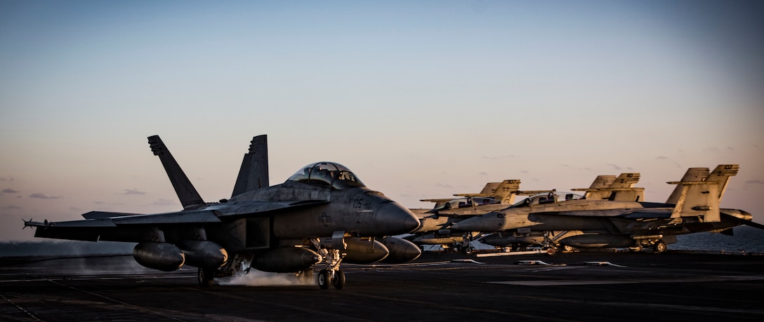 An F/A-18F Super Hornet lands on the flight deck of the aircraft carrier USS Dwight D. Eisenhower in the Mediterranean Sea, Dec. 11, 2016. Navy photo by Petty Officer 2nd Class Ryan Kledzik