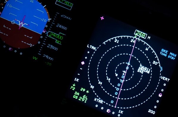 A radar on a C-17 Globemaster III shows nine aircraft flying in formation during a joint forcible entry exercise over the Nevada Test and Training Range, Dec. 10, 2016. The exercise is the U.S. Air Force Weapons School collaboration that exercises the Air Force's ability to tactically deliver and recover combat forces via air drops and combat landings in a contested environment. (U.S. Air Force photo by Airman 1st Class Kevin Tanenbaum)