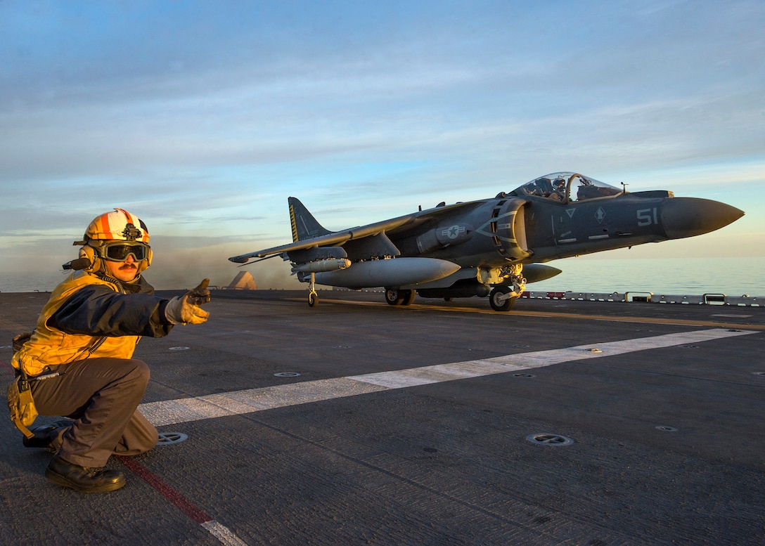 161205-N-TO519-023 
MEDITERRANEAN SEA (Dec. 5, 2016) An AV-8B Harrier, from the 22nd Marine Expeditionary Unit (MEU), takes off from the amphibious assault ship USS Wasp (LHD 1). The 22nd MEU, embarked on Wasp, is conducting precision air strikes in support of the Libyan Government aligned forces against Daesh targets in Sirte, Libya, as part of Operation Odyssey Lightning. (U.S. Navy photo by Petty Officer 2nd Class Nathan Wilkes/Released)
