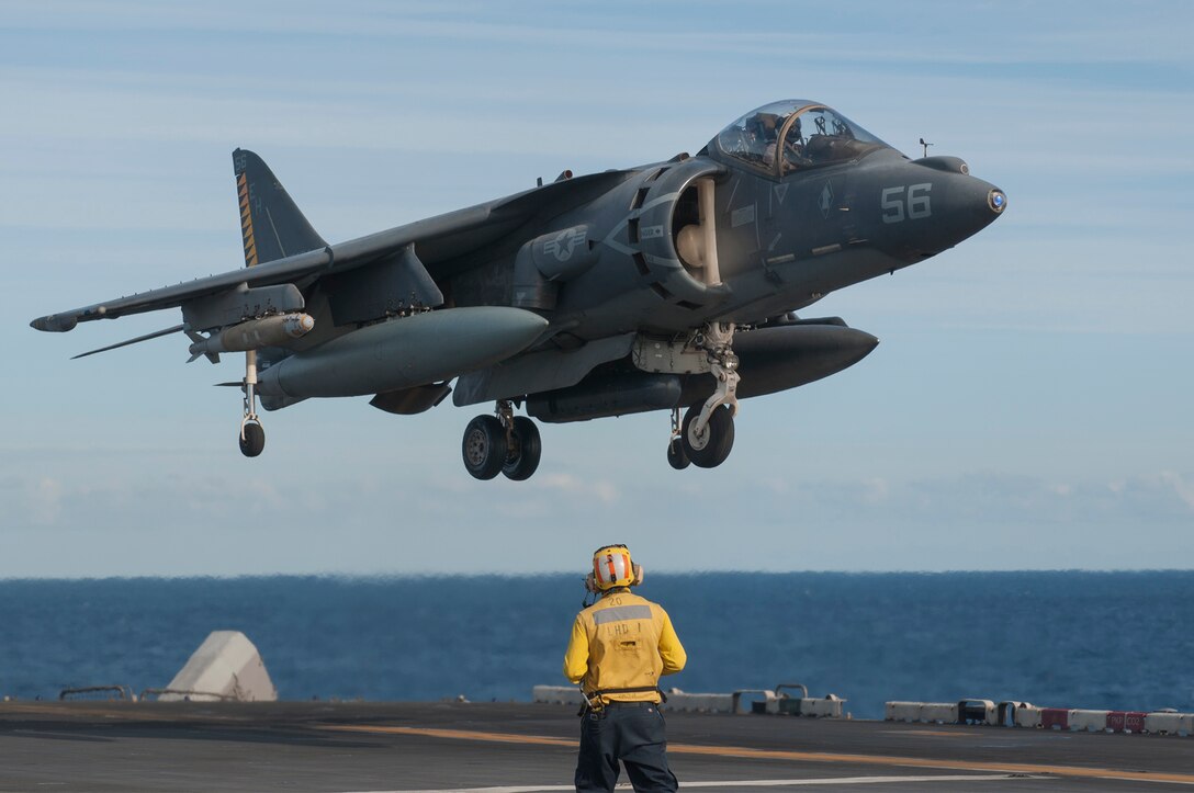 161206-N-BD308-033 
MEDITERRANEAN SEA (Dec. 6, 2016) An AV-8B Harrier, from the 22nd Marine Expeditionary Unit (MEU), lands on the flight deck of the amphibious assault ship USS Wasp (LHD 1). The 22nd MEU, embarked on Wasp, is conducting precision air strikes in support of Libyan forces against Daesh targets in Sirte, Libya, as part of Operation Odyssey Lightning. (U.S. Navy photo by Seaman Levingston Lewis/Released)