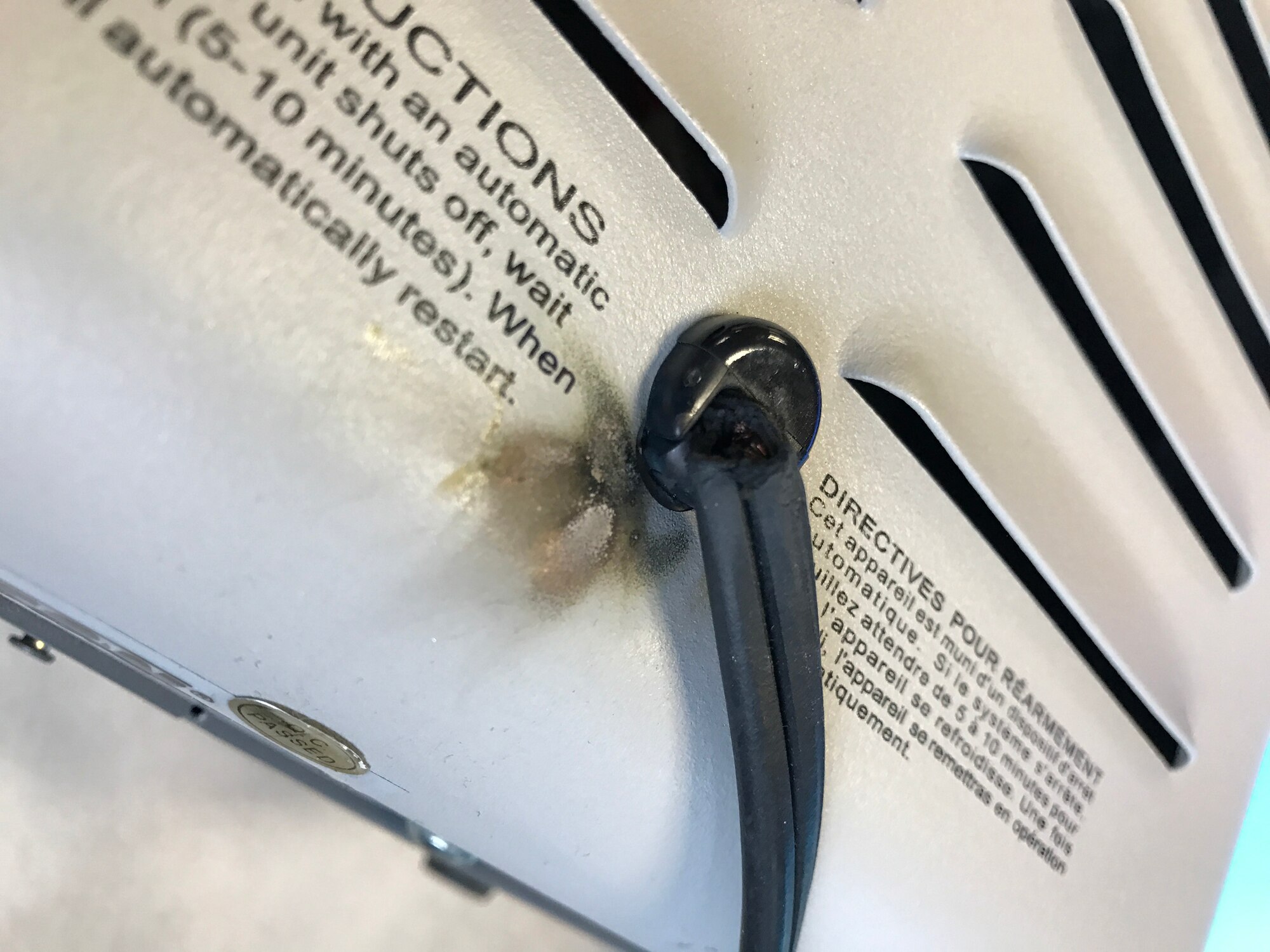 Monitoring personal heaters is a safety priority during these cold and damp months. Personal space heater cord burned at the connection. (U.S. Air Force Reserve photo by Staff Sgt. Madelyn McCullough)