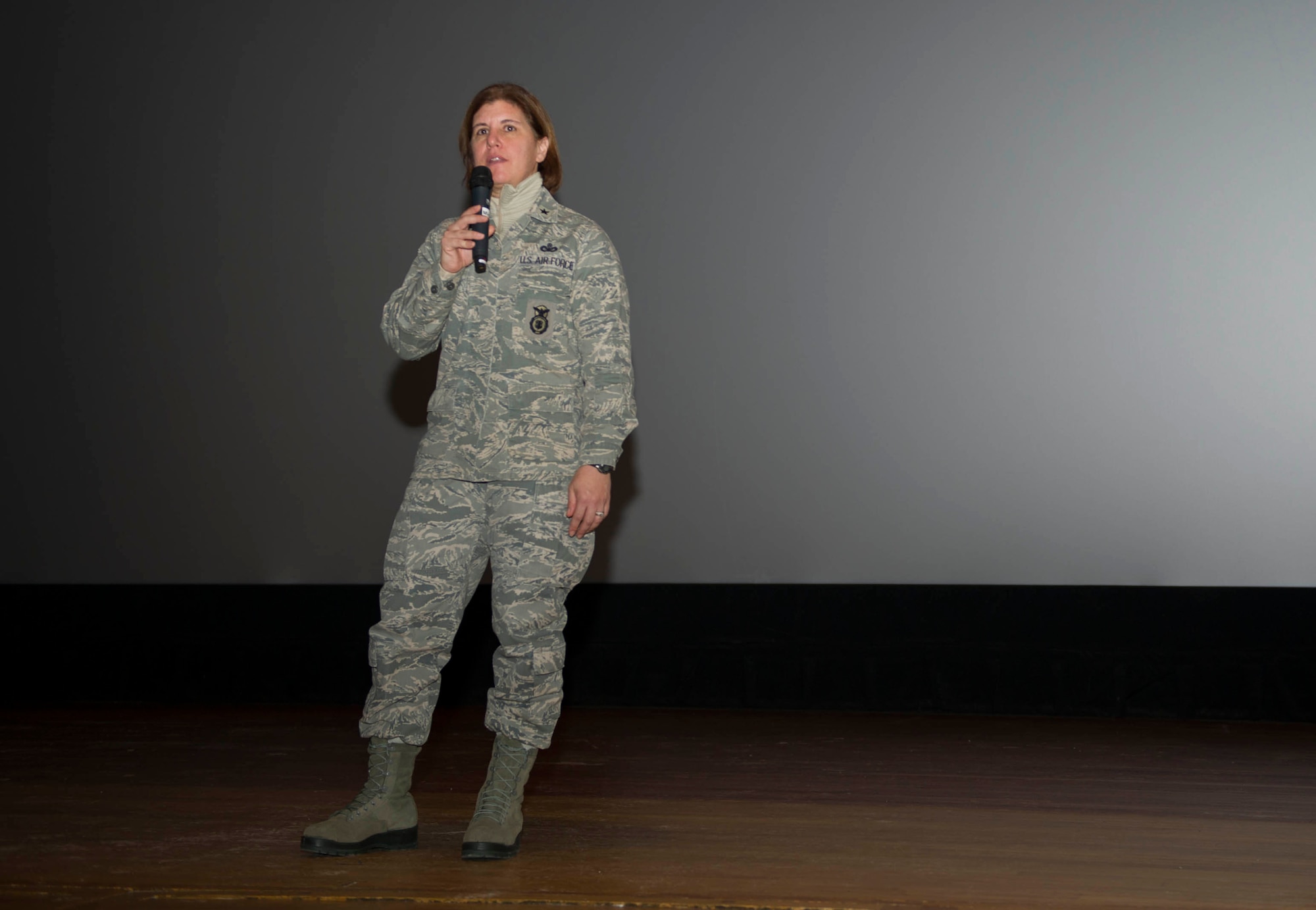 Brig. Gen. Andrea Tullos, director of Security Forces, speaks to defenders during an all-call at Minot Air Force Base, N.D., Dec. 20, 2016. Tullos ended her three-day visit with an all call to update defenders on changes to their career field. (U.S. Air Force photo/Senior Airman Apryl Hall)