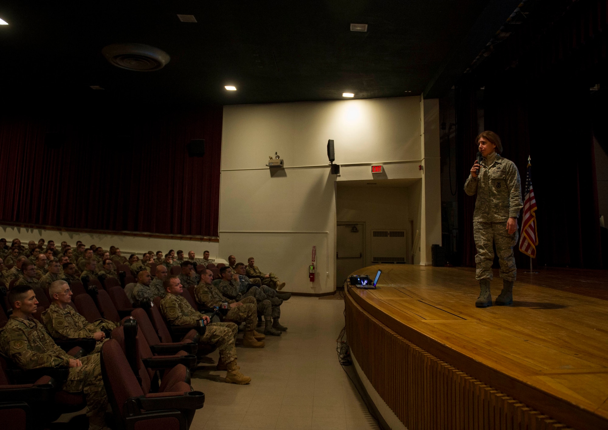 Brig. Gen. Andrea Tullos, director of Security Forces, speaks to defenders during an all-call at Minot Air Force Base, N.D., Dec. 20, 2016. Tullos ended her three-day visit with an all-call to update defenders on changes to their career field. (U.S. Air Force photo/Senior Airman Apryl Hall)