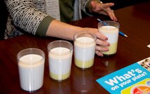 Sandra Stuart, 23d Medical Group health promotion dietitian, explains the differences between whole milk, two percent, one percent and fat-free, with visual milk-to-fat ratios, Dec. 19, 2016, at Moody Air Force Base, Ga. Stuart explained that fat-free is usually best, but one percent can also provide necessary essential fats to avid gym-goers, while whole milk is generally not recommended for its high fat content.  (U.S. Air Force photo by 2d Lt. Kaitlin Toner)