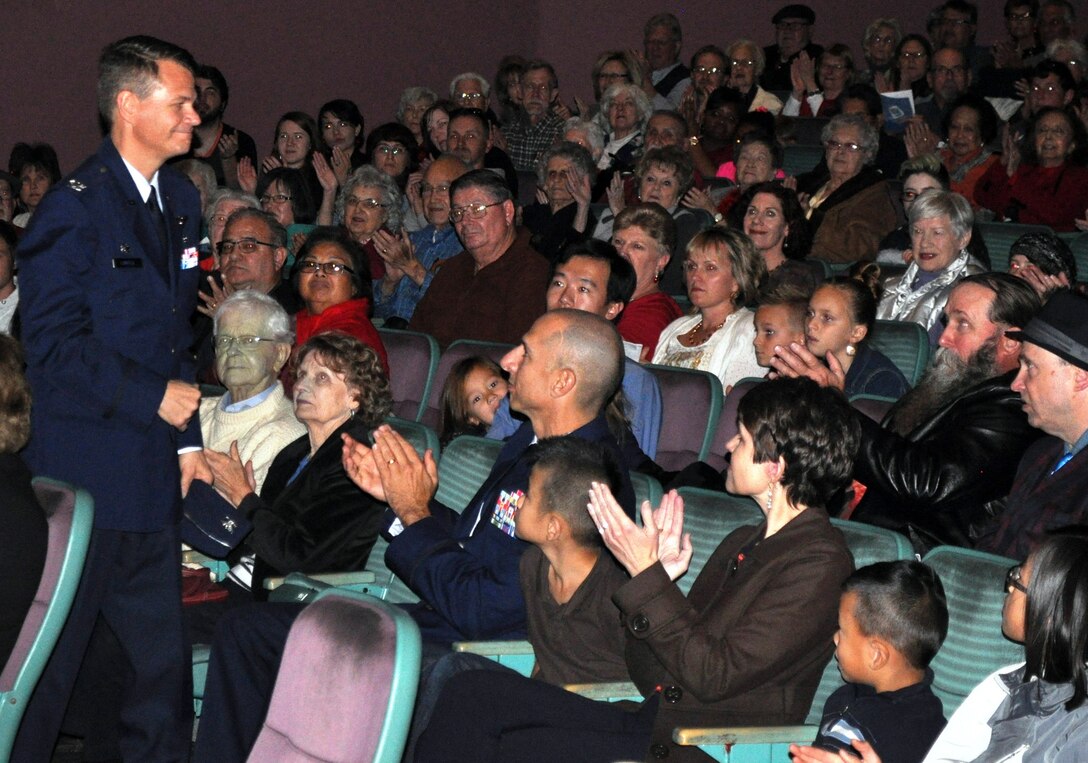 A tradition for Travis Air Force Base is the annual community Holiday Concert Series by the U.S. Air Force Band of the Golden West. This year, as in the past, they continue to bring joy, delight and world class music to young and old alike. Helping to kick off the Dec. 3, concert at the Vacaville Performing Arts Theater was Col. (Dr) John Langell, 349th Medical Group commander. He left behind 64 inches of snow near Salt Lake City, Utah, which is home. Under the direction of Capt. Rafael F. Toro-Quinones, the band played a variety of holiday selections, with vocal performances by Amn First Class Stephanie Allen, Senior Amn Michelle Doolittle, and SrA George Brahler, recently named Bandsman of the Year, and performing in his final holiday concert here. Santa stopped by to visit with all the children in the audience, with a little something special in his big red bag for them all. (U.S. Air Force photos/Ellen Hatfield/released)