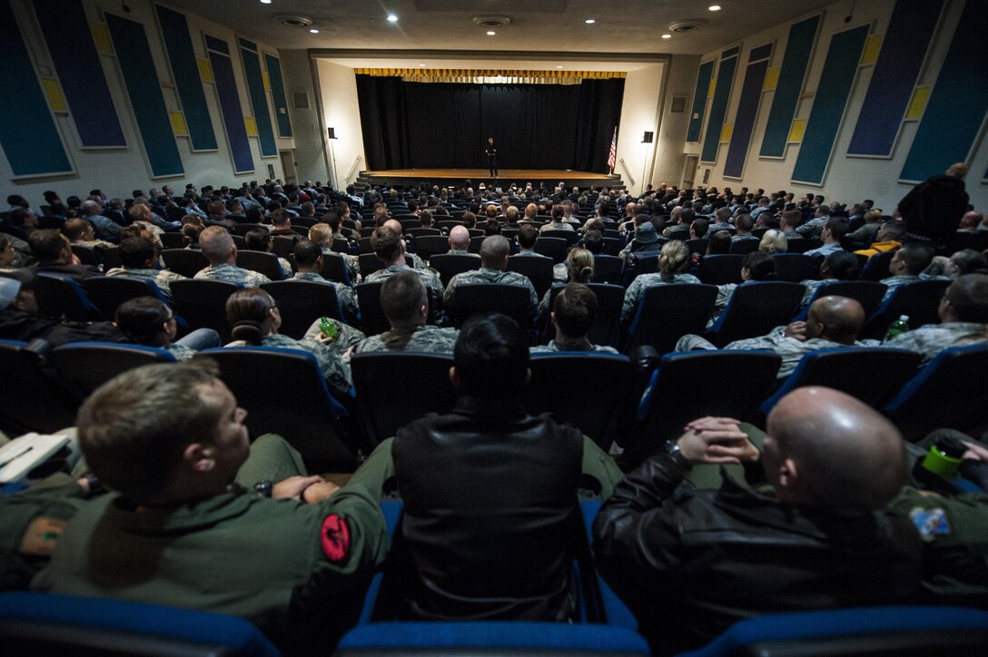 Simon Sinek speaks to members of the 57th Wing in the Base Theater of Nellis Air Force Base, Dec. 9, 2016. Sinek comes periodically to speak to the Airmen of Nellis AFB. (U.S. Air Force Base by Airman 1st Class Kevin Tanenbaum/Released) 