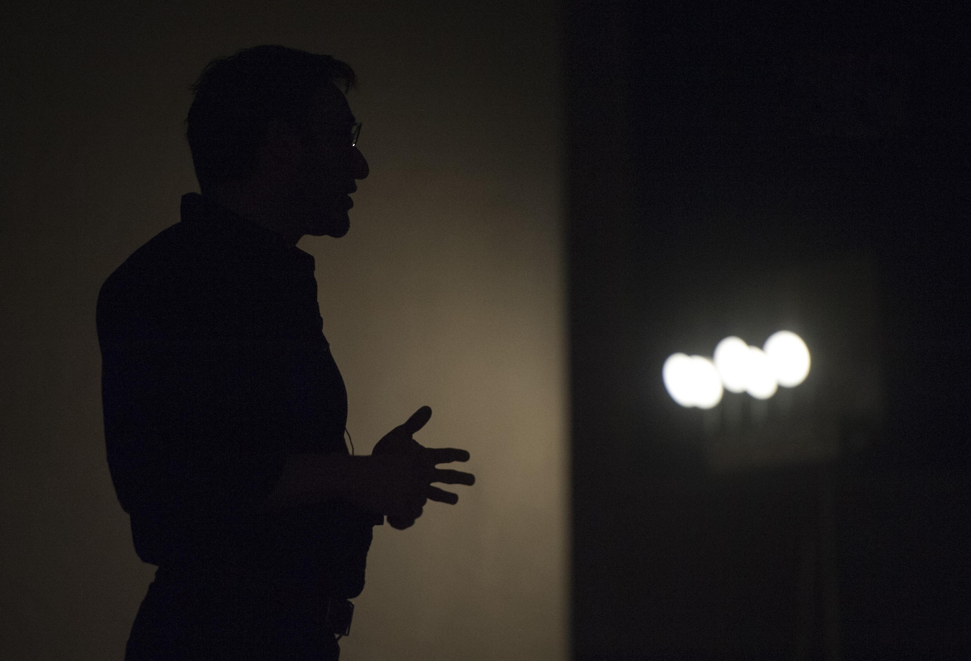 Simon Sinek speaks to Airmen in the Base Theater of Nellis Air Force Base, Dec. 9, 2016. Sinek is best known for popularizing the concept of The Golden Circle. (U.S. Air Force Base by Airman 1st Class Kevin Tanenbaum/Released)