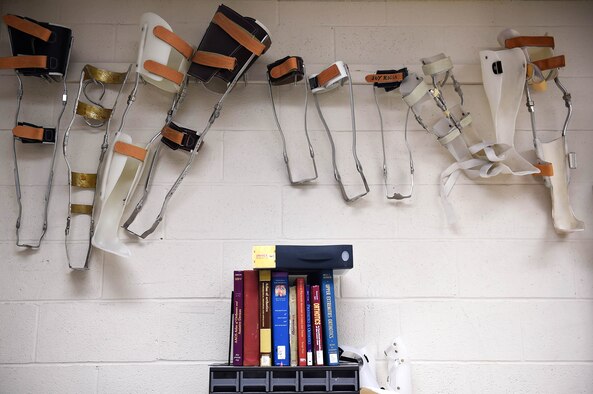 Leg braces created by former orthotics training students are displayed in the brace shop at the Wilford Hall Ambulatory Surgical Center, Joint Base San Antonio-Lackland, Texas, Aug. 24, 2016.(U.S. Air Force photo/Staff Sgt. Jerilyn Quintanilla)