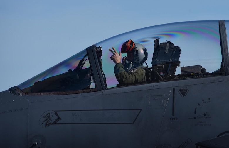 A U.S. Air Force F-15E Strike Eagle pilot from Mountain Home Air Force Base, Idaho, signals as he taxies down the flightline during Checkered Flag 17-1 at Tyndall Air Force Base, Fla., Dec. 16, 2016. More than 300 Airmen from Mountain Home AFB deployed along with 16 F-15E Strike Eagles to participate in the large-force exercise, integrating with other fourth-generation aircraft as well as the F-22 Raptor and the F-35 Lightning II. (U.S. Air Force photo by Staff Sergeant Alex Fox Echols III/Released)