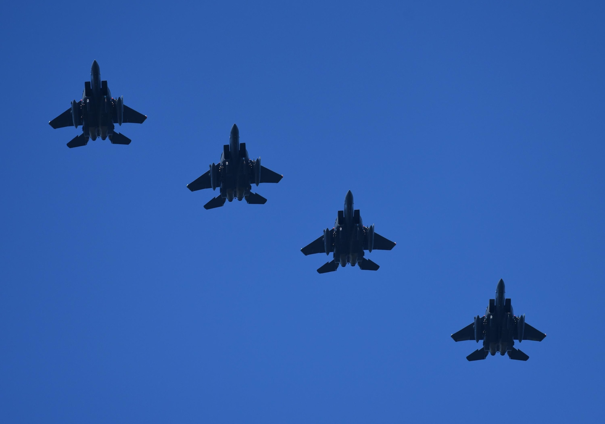 Four U.S. Air Force F-15E Strike Eagles from the 336th Fighter Wing, Mountain Home Air Force Base, Idaho, fly in formation during Checkered Flag 17-1 at Tyndall Air Force Base, Fla., Dec. 16, 2016. More than 300 Airmen from Mountain Home AFB deployed along with 16 F-15Es to participate in the large-force exercise, integrating with other fourth-generation aircraft as well as the F-22 Raptor and the F-35 Lightning II. (U.S. Air Force photo by Staff Sergeant Alex Fox Echols III/Released)