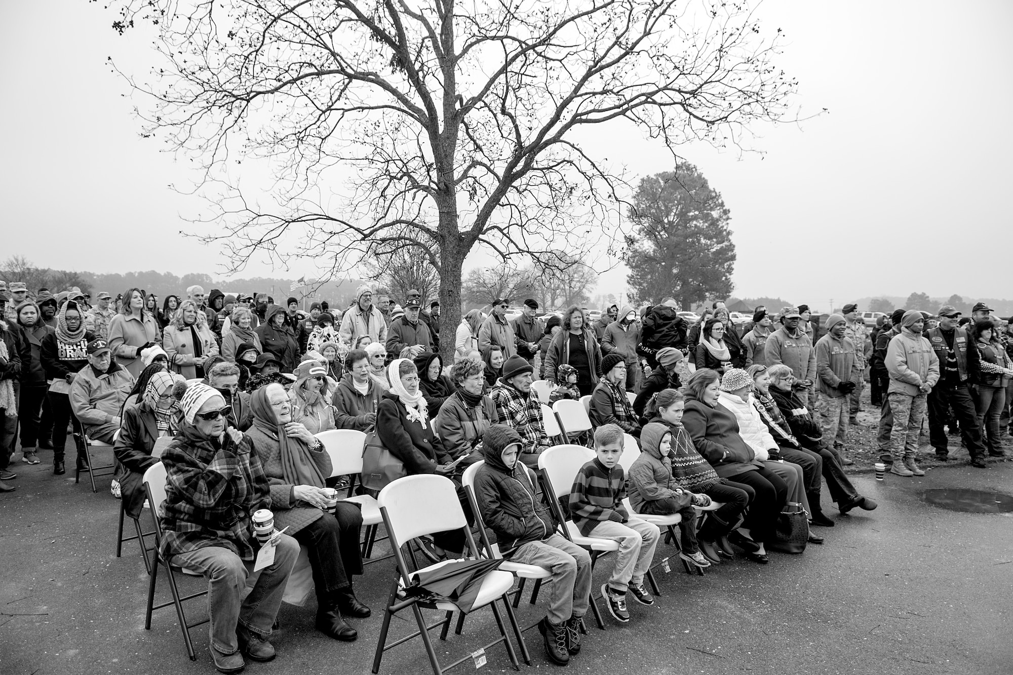 A crowd gathers for a Wreaths Across America ceremony, Dec. 17, 2016, at Evergreen Memorial Cemetery in Princeton, North Carolina. More than 250 people attended the Wreaths Across America ceremony where about 500 wreaths were laid. (U.S. Air Force photo by Airman Shawna L. Keyes)