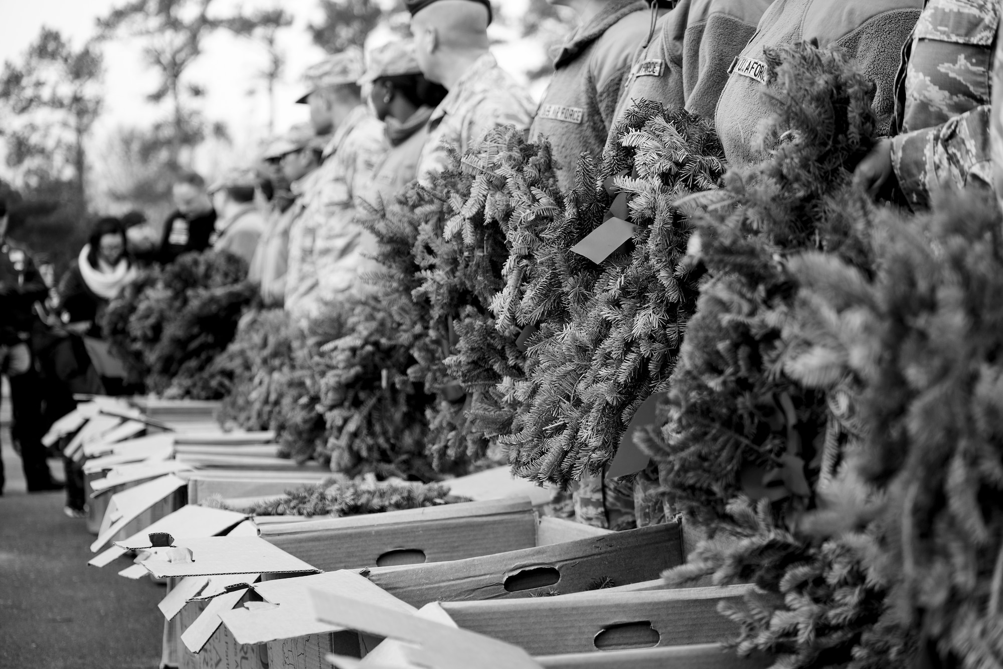 Airmen from Seymour Johnson Air Force Base, North Carolina, pass out wreaths to volunteers during a Wreaths Across America ceremony, Dec. 17, 2016 at Evergreen Memorial Cemetery, in Princeton, North Carolina. More than 50 base volunteers laid 500 wreaths on gravesites throughout the cemetery to pay tribute to fallen service members. (U.S. Air Force photo by Airman Shawna L. Keyes)