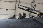 Col. Christopher Sage (left), 4th Fighter Wing commander, and Maj. Brian Privette (right), 4th Fighter Wing executive officer, prepare to take off for Robins Air Force Base, Georgia, Nov. 30, 2016, at Seymour Johnson Air Force Base, North Carolina. Sage flew an F-15E Strike Eagle to Robins AFB for a programmed depot maintenance. (U.S. Air Force photo by Airman Miranda A. Loera)