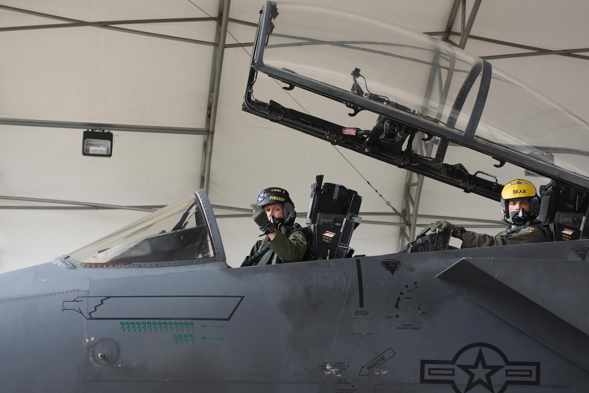Col. Christopher Sage (left), 4th Fighter Wing commander, and Maj. Brian Privette (right), 4th Fighter Wing executive officer, prepare to take off for Robins Air Force Base, Georgia, Nov. 30, 2016, at Seymour Johnson Air Force Base, North Carolina. Sage flew an F-15E Strike Eagle to Robins AFB for a programmed depot maintenance. (U.S. Air Force photo by Airman Miranda A. Loera)