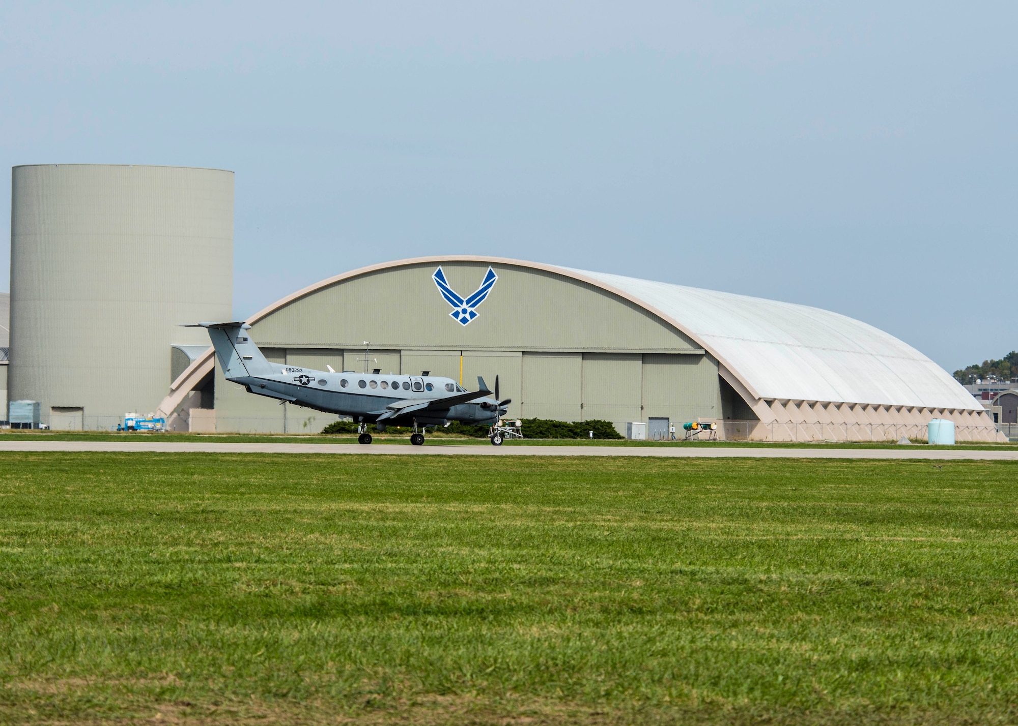 DAYTON, Ohio -- A Hawker-Beechcraft MC-12W Liberty aircraft lands at the National Museum of the U.S. Air Force on October 26, 2016. In U.S. Air Force service from 2009-2016, the unarmed Liberty collected information using a variety of sensors as an Intelligence, Surveillance, and Reconnaissance (ISR) platform.(U.S. Air Force photo by Victoria Thomas)