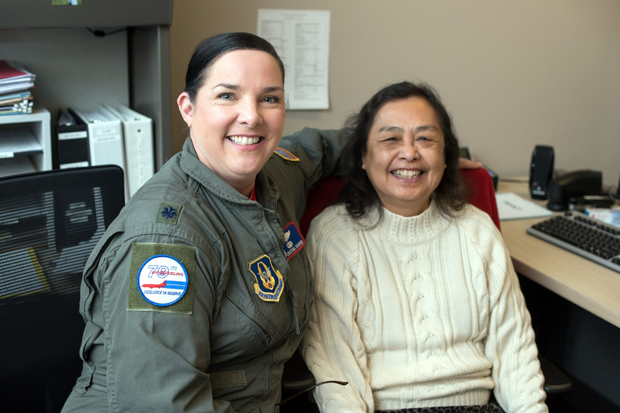 Lt. Col. Cristina Soares, 79th Air Refueling Squadron. “Observing Ms. Charlie Richards celebrate more than 21 years of civil service. She continues to be our biggest factor in being successfully mobilized.” (U.S. Air Force photo by Ken Wright)