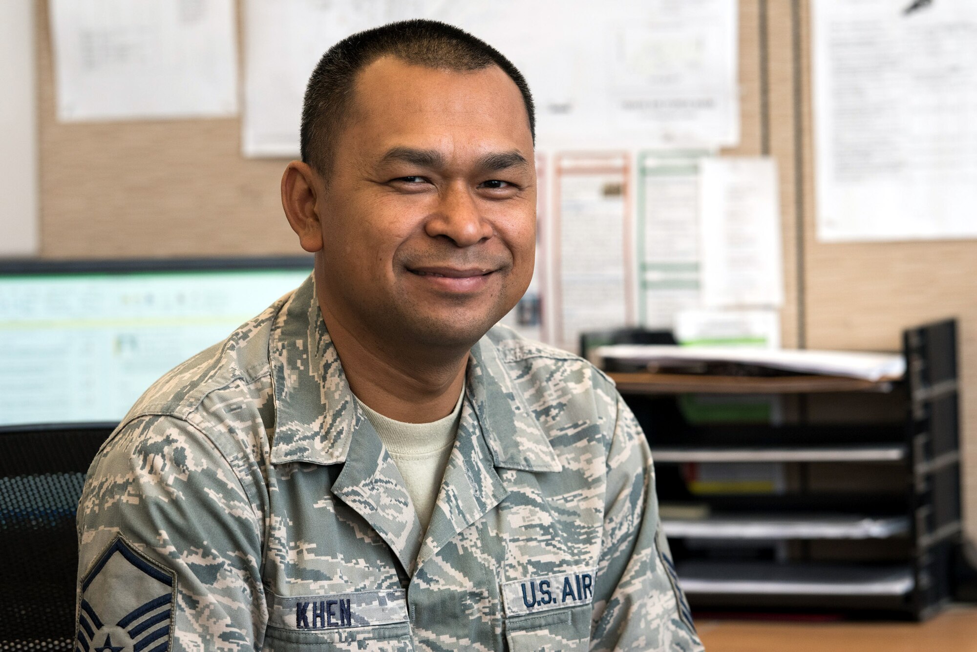 Master Sgt. Choeun Khen, 55th Aerial Port Squadron. "Getting back from a deployment and seeing the broad support from our wing meant a lot to me. The way they reached out to us to ensure our physical and mental health remained strong, and providing us with support like the Yellow Ribbon Program, really showed me the Air Force family cares." (U.S. Air Force photo by Ken Wright)