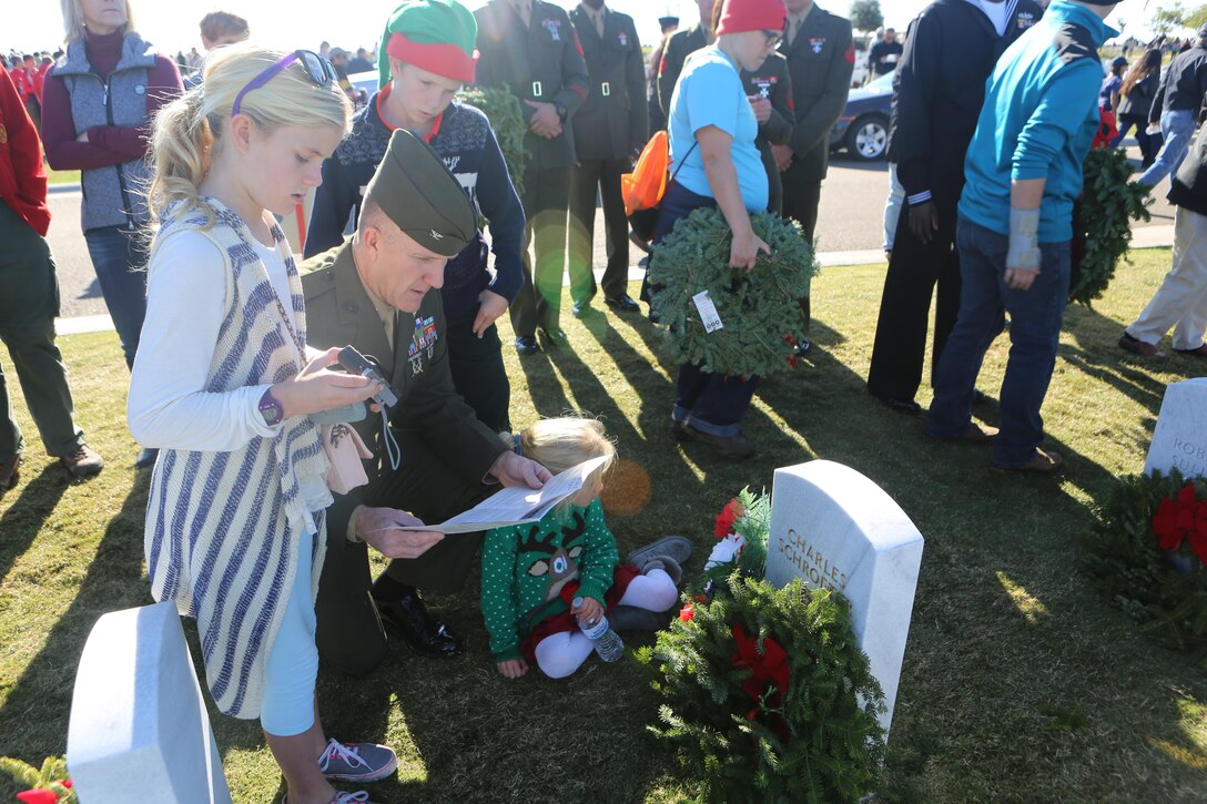 Col. Jason Woodworth , commanding officer of Marine Corps Air Station Miramar, reads a Medal of Honor recipient’s citation during a Wreaths Across America ceremony at Miramar National Cemetery, San Diego, Calif., Dec.17. Through Wreaths Across America, more than 1.2 million wreaths were placed in 1,228 cemeteries across the country. The mission of Wreaths Across America is to remember fallen U.S. troops, honor those who serve and teach new generations about the value of freedom through the service and sacrifice of veterans. (U.S. Marine Corps photo by Lance Cpl. Jacob Pruitt/Released)