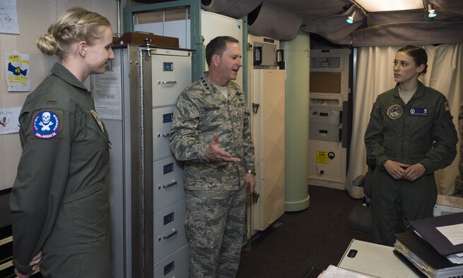 Air Force Chief of Staff Gen. David L. Goldfein receives a tour of the launch control center from 1st. Lt. Ashley Mirsky and 2nd Lt. Marie Blair during a familiarization tour at a missile alert facility in the 90th Missile Wing missile complex Dec. 19, 2016. When directed by the U.S. president, a properly conducted key turn sends a "launch vote" to any number of Minuteman III ICBMs in a missileer's squadron. Two different launch votes are required to enable a launch. Mirsky is the 319th MS missile combat crew commander and Blair is the 319th MS deputy missile combat crew commander. (U.S. Air Force photo /Staff Sgt. Christopher Ruano)